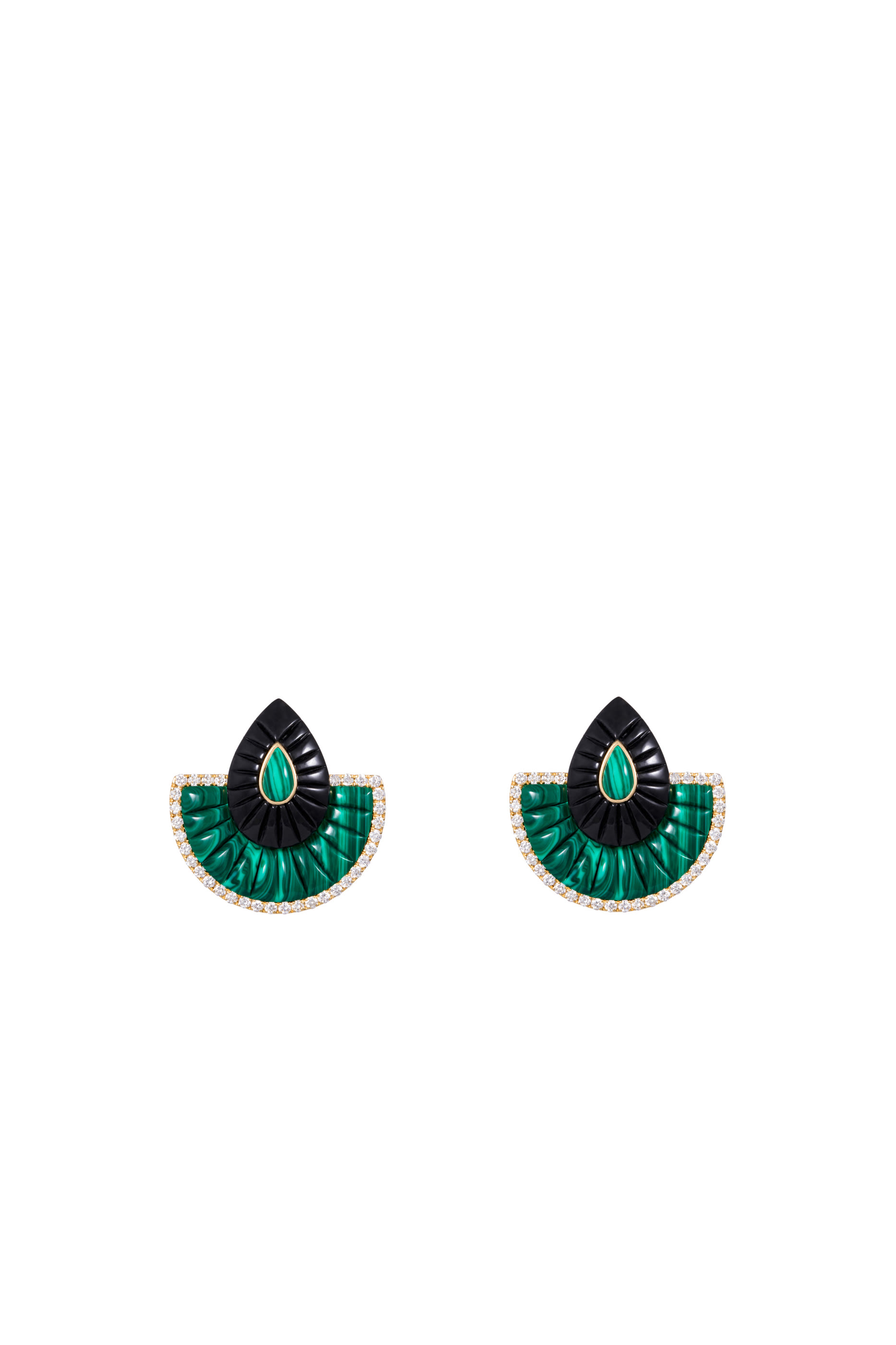 Bond Street Fan Big Earrings, 18k Yellow Gold with Diamonds, Malachite & Onyx