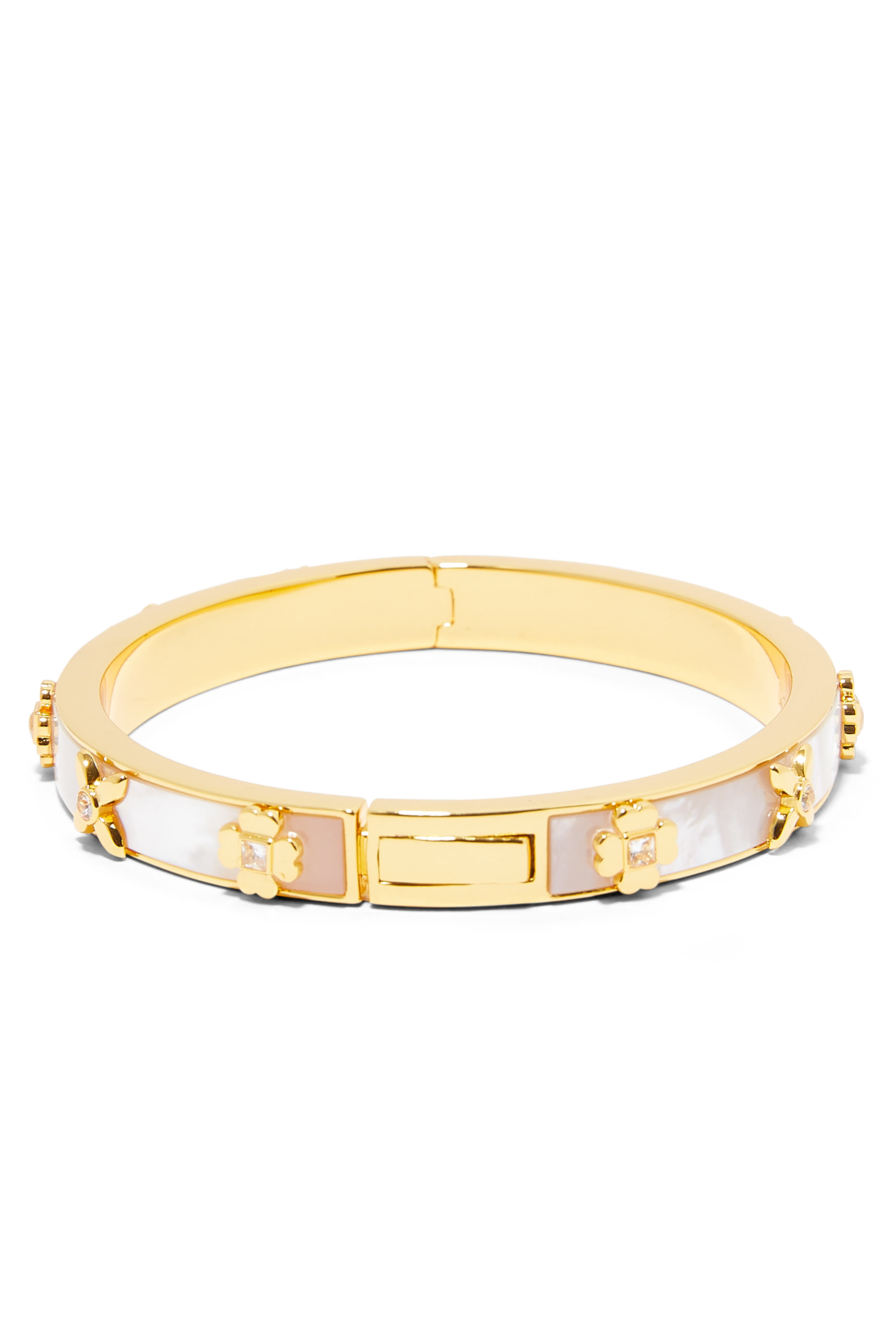 Heritage Bloom Hinged Bangle, Plated Metal With Cubic Zirconia & Mother of Pearl