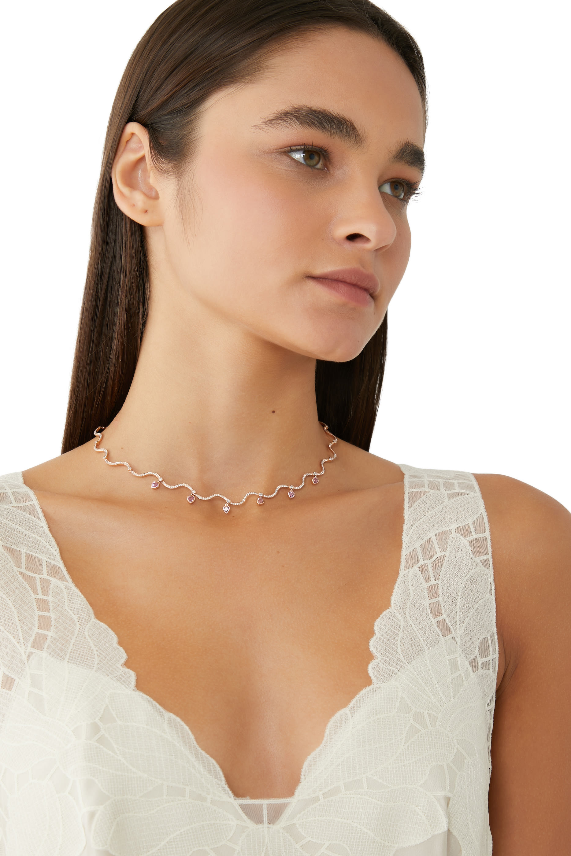 قلادة رقبة بحلي متدلية بتصميم قلب مرصعة بالماس ذهب وردي عيار 18