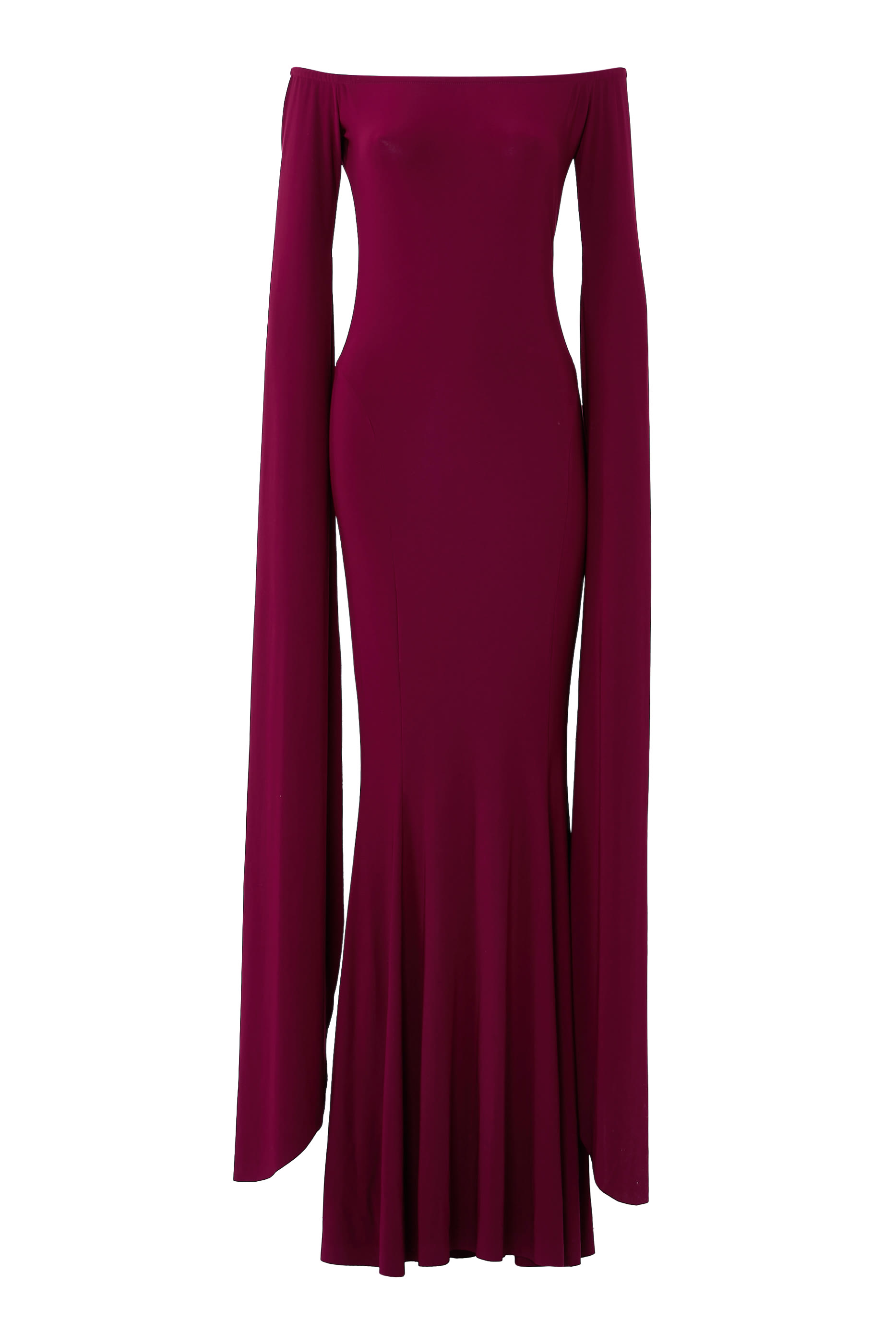 فستان سهرة بأكتاف مكشوفة وأكمام بأشرطة وحافة بقصة ذيل السمكة