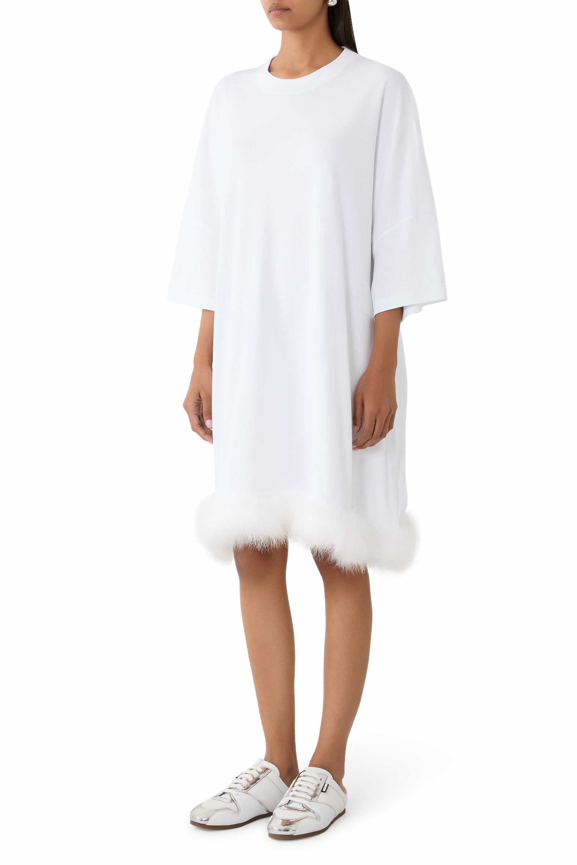 فستان قصير مزين بفرو