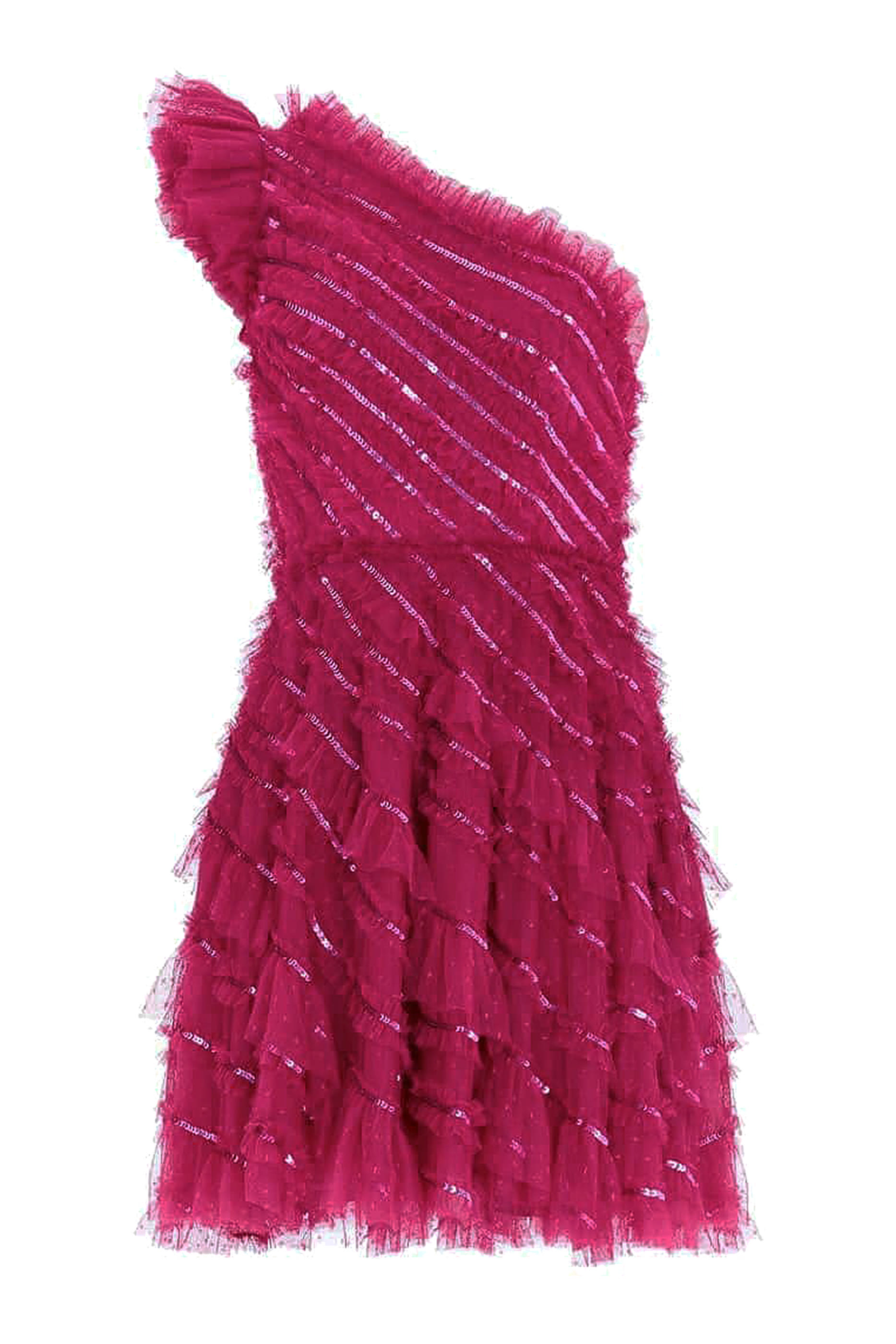 فستان قصير مطرز بترتر بتصميم حلزوني وكتف مكشوف