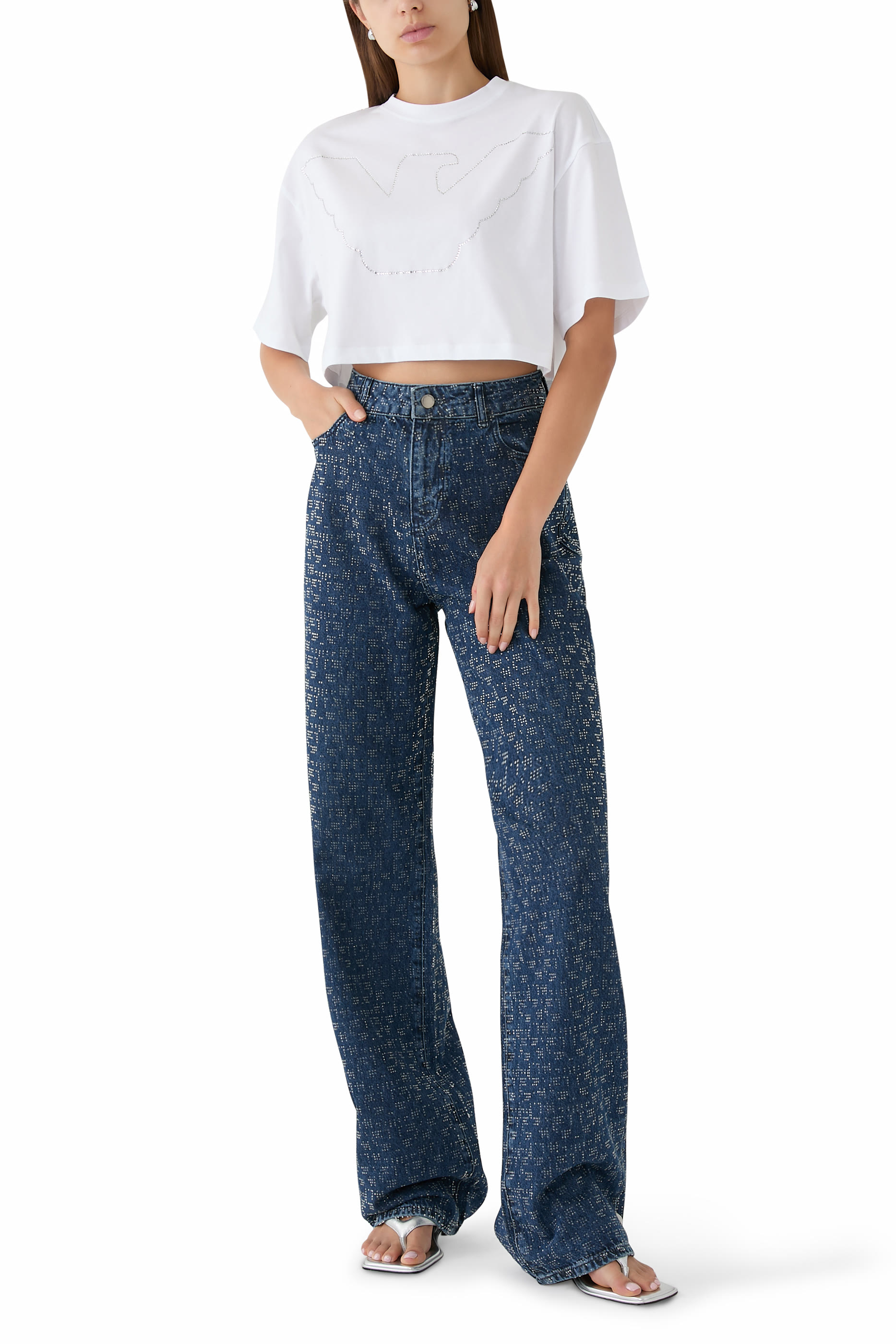 تيشيرت قصير مرصع بأحجار الراين بتصميم شعار الماركة جيرسيه مطاطي