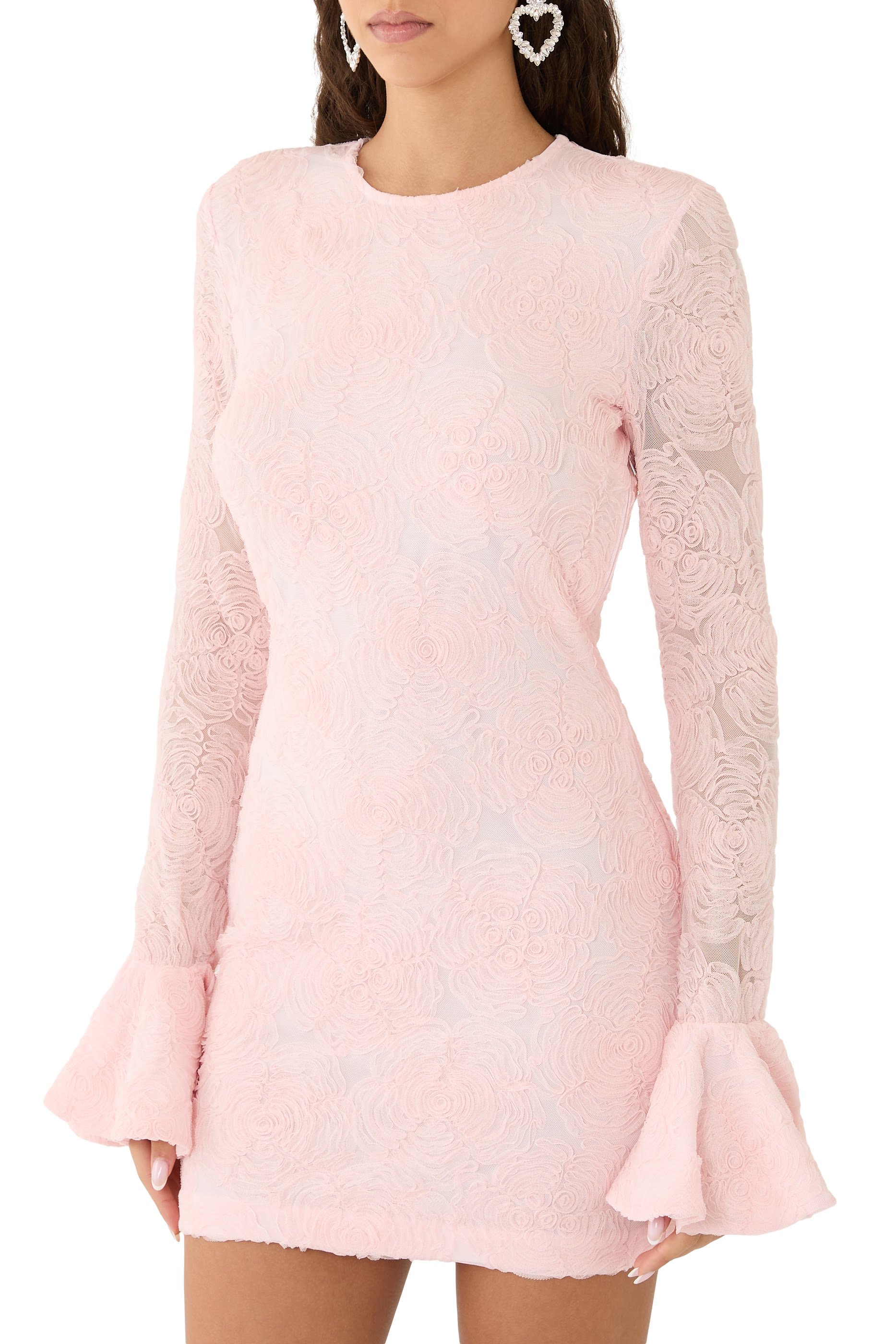 فستان قصير بأكمام طويلة دانتيل بنقشة زهور