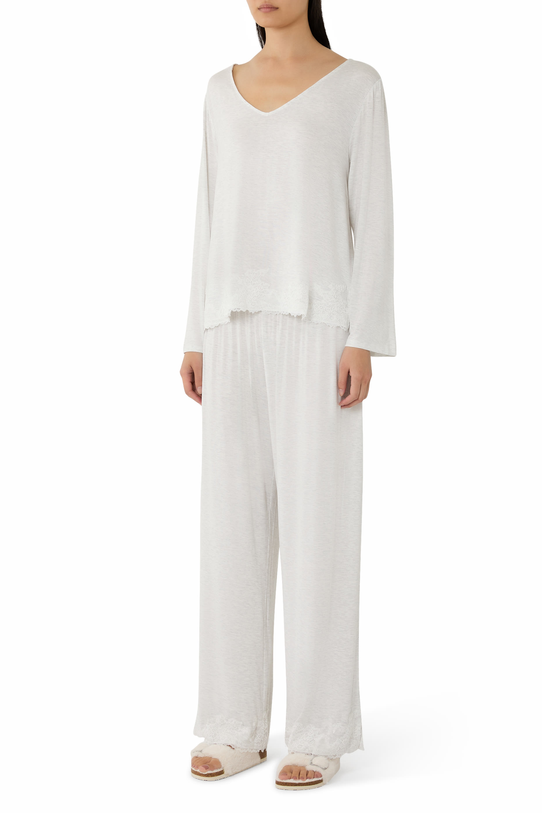 طقم بيجامة جيرسيه بأكمام طويلة وأجزاء دانتيل