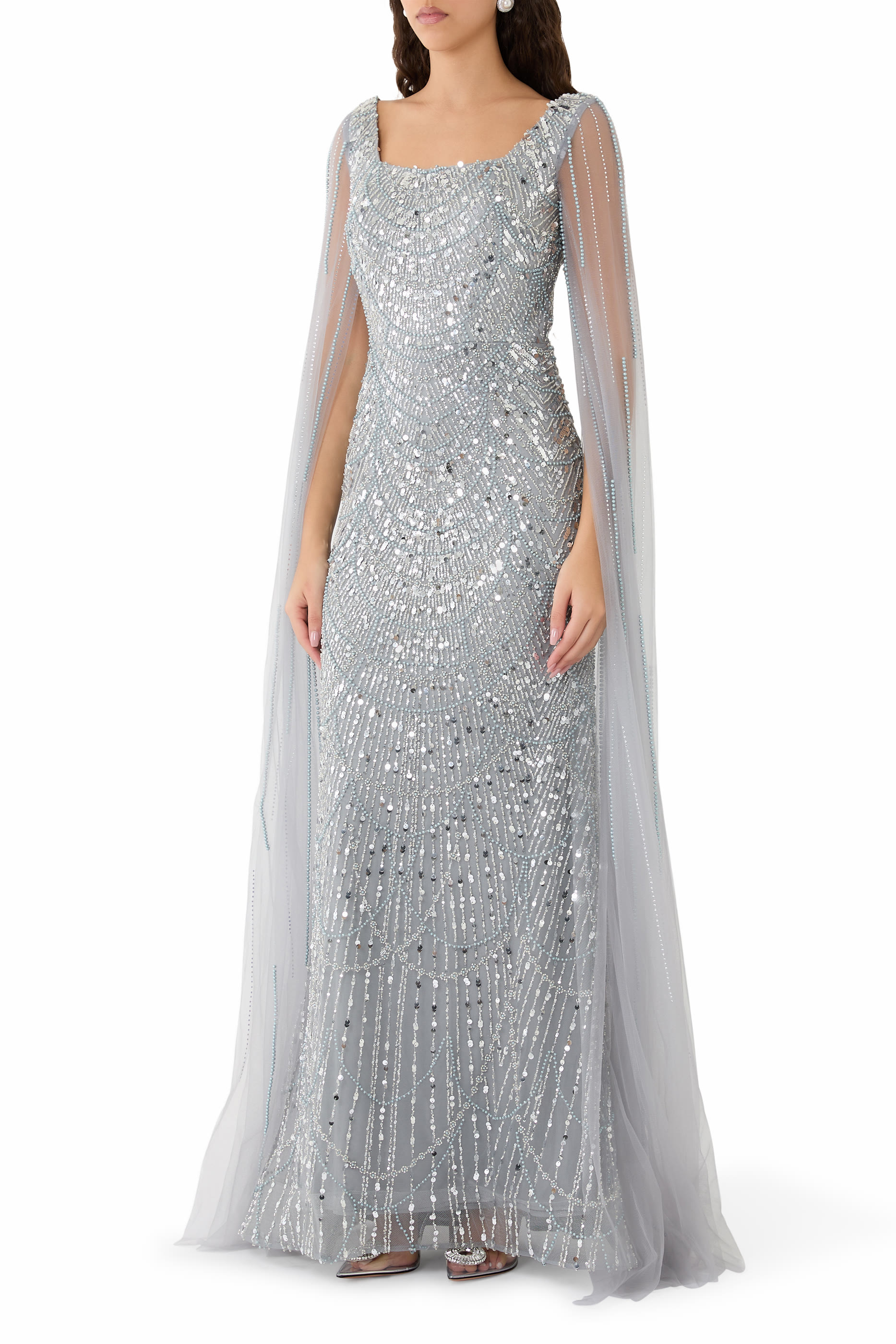 Sequin Caplet Sleeve Gown