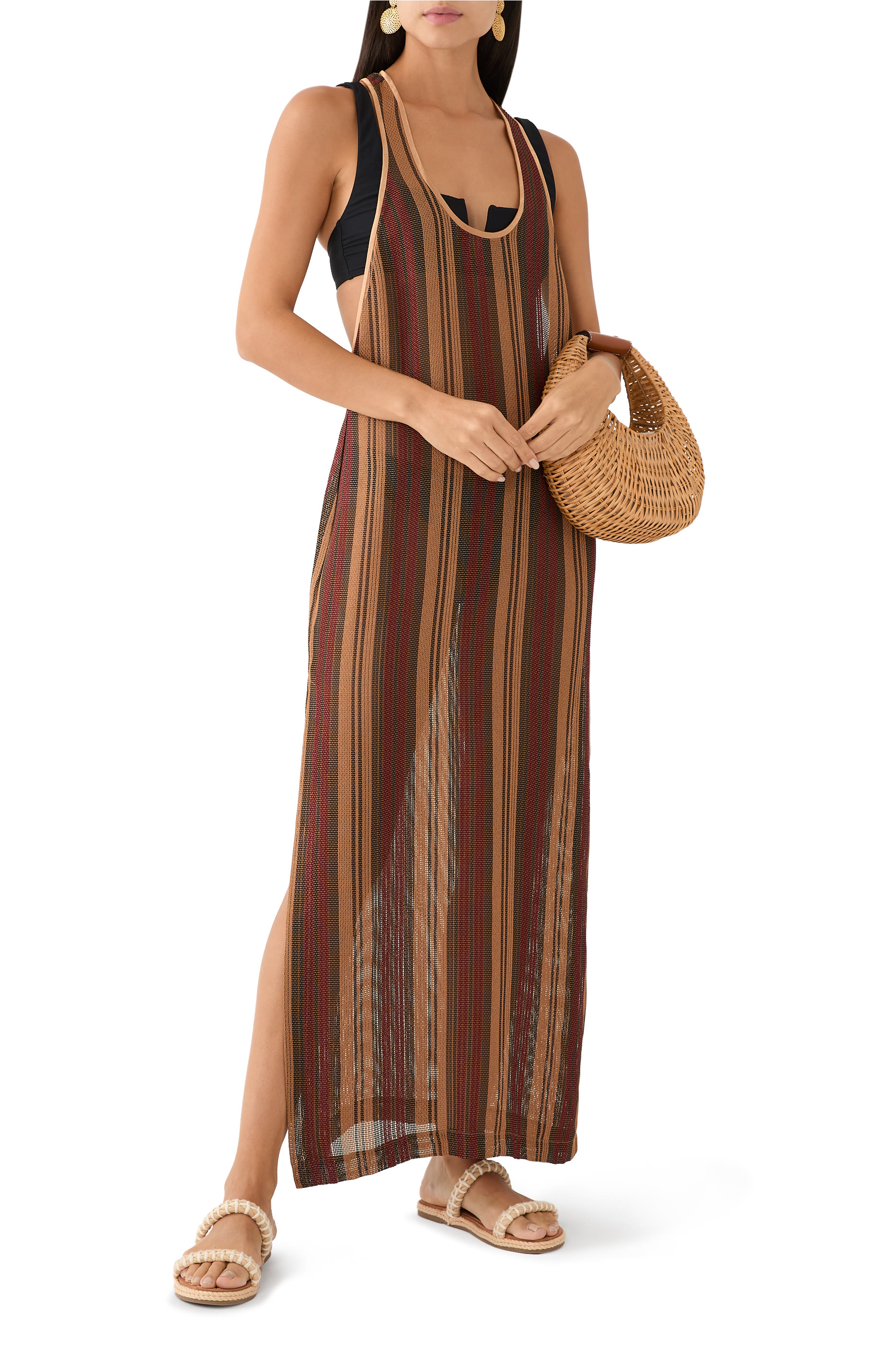 فستان سانا طويل بلا أكمام بنقشة مخططة قماش شبكي