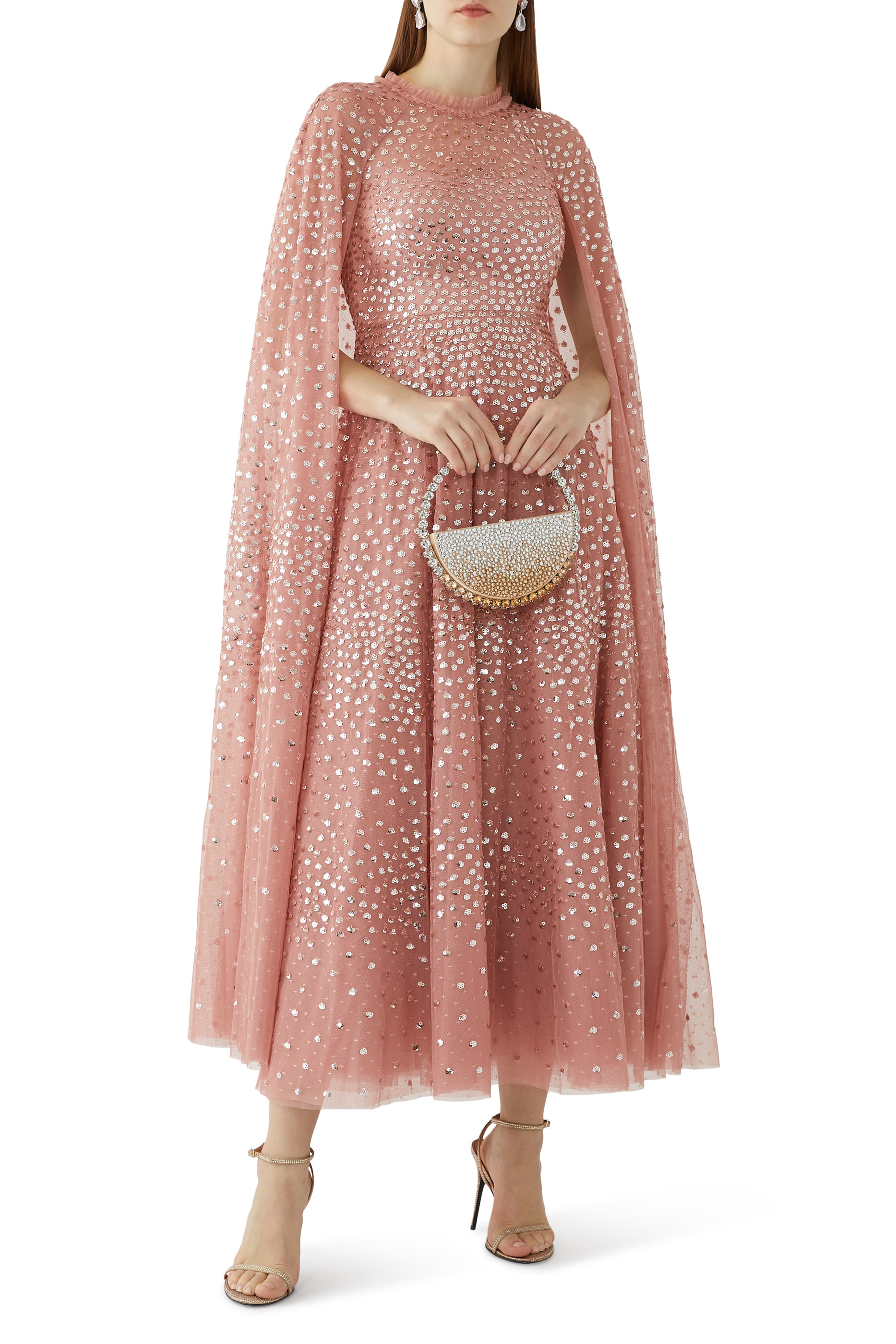 فستان سهرة بكاب ونقشة خطوط متناثرة بطول الكاحل