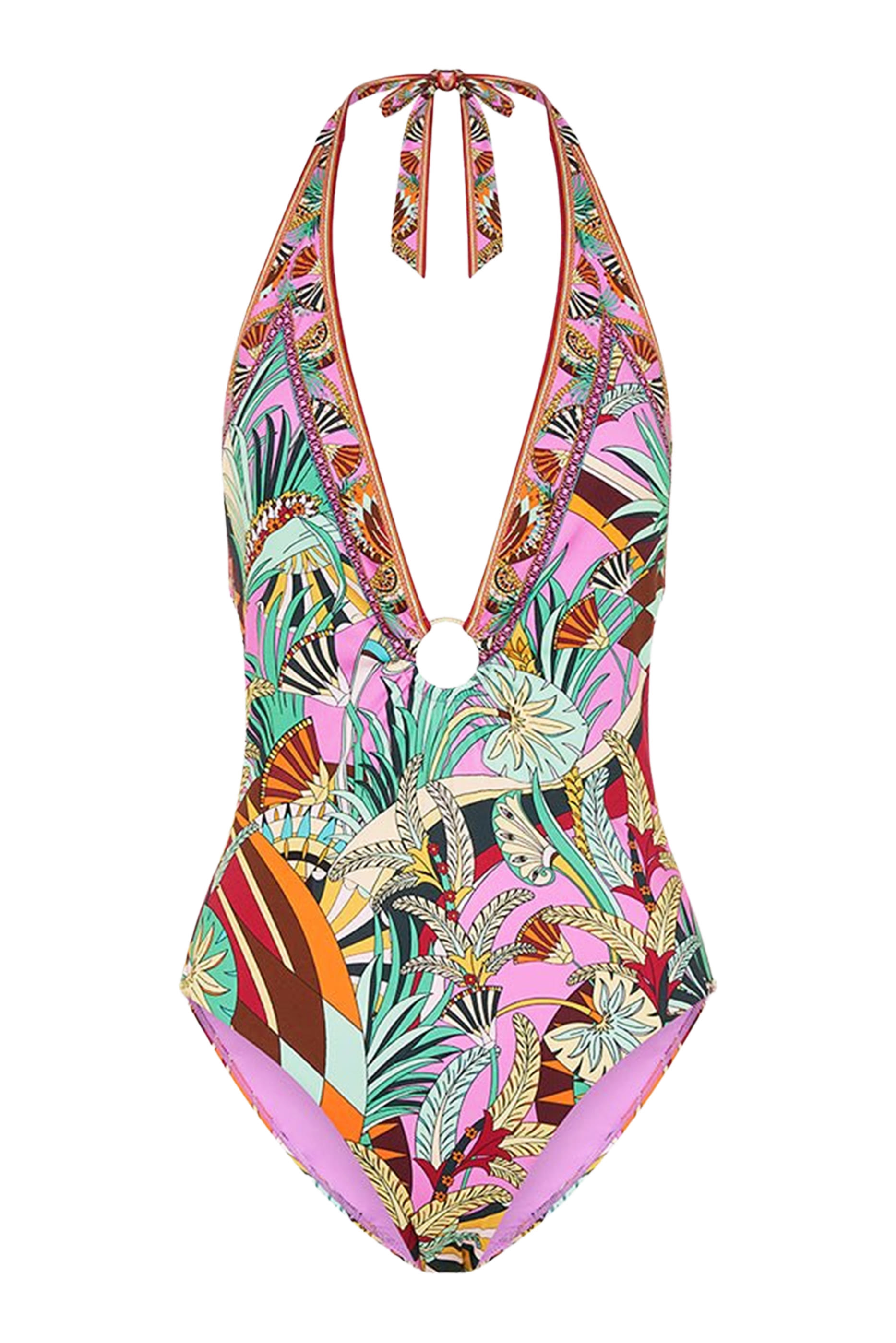 بدلة سباحة قطعة واحدة بياقة عميقة على شكل حرف V