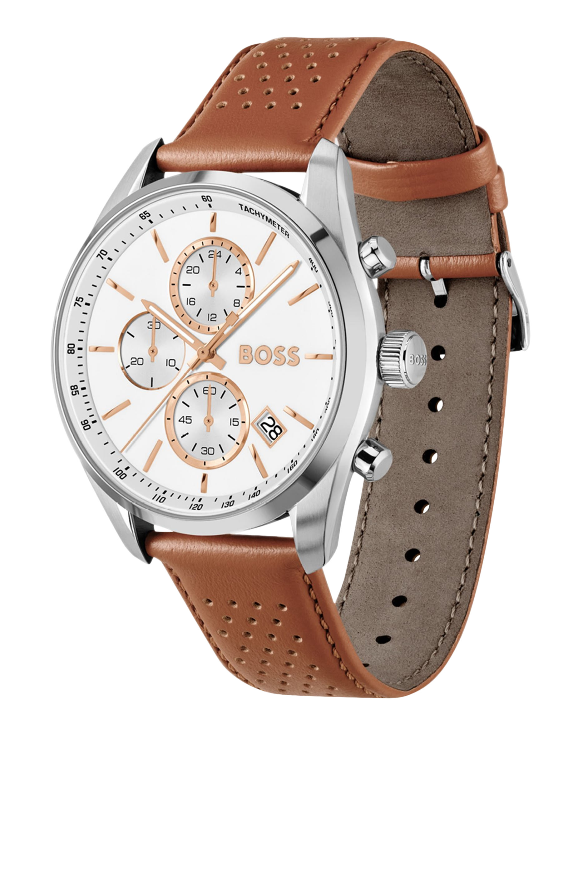  Grand Prix Chronograph Watch with Perforated Leather Strap 