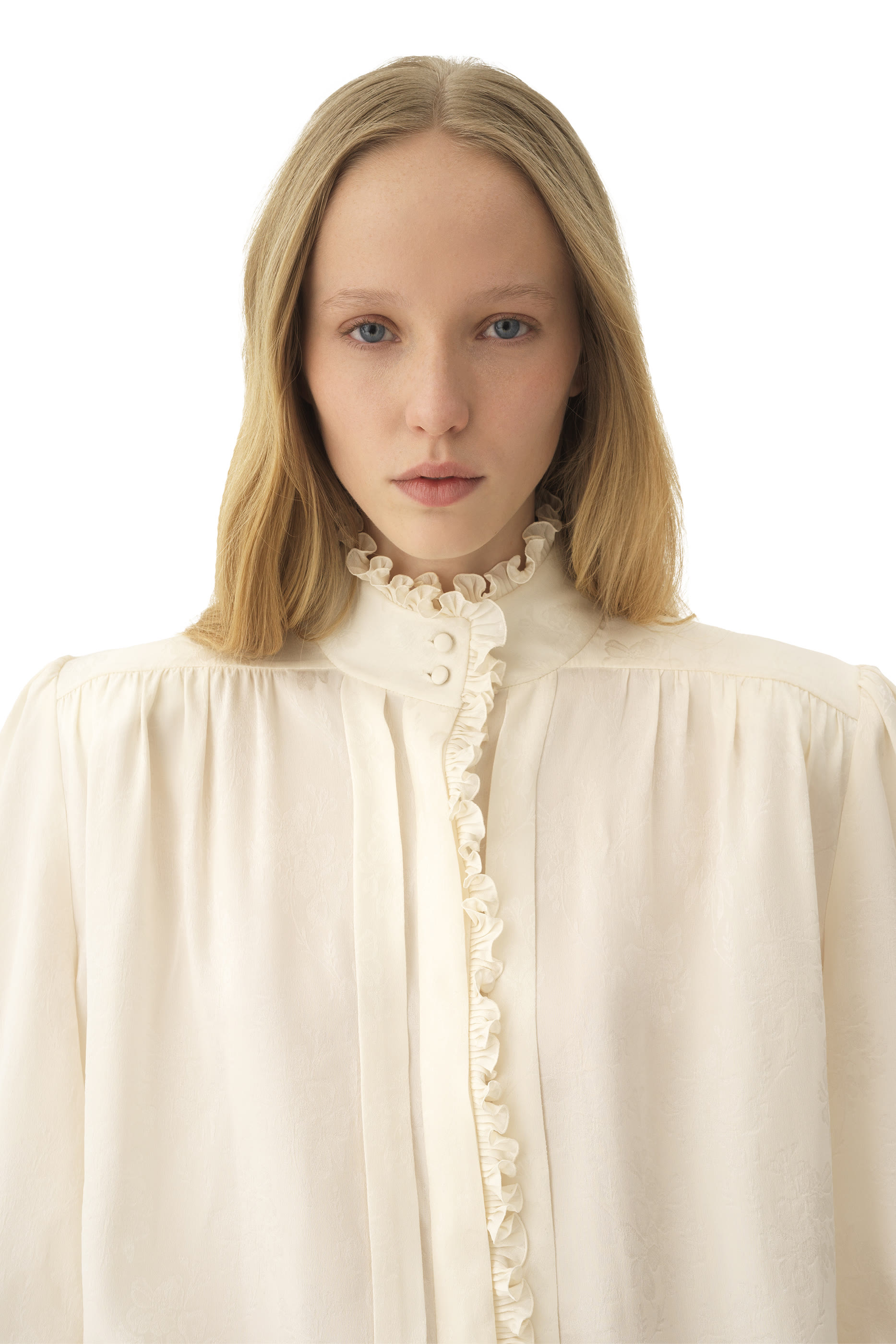 بلوزة بقصة فضفاضة وكشكش حرير جاكار