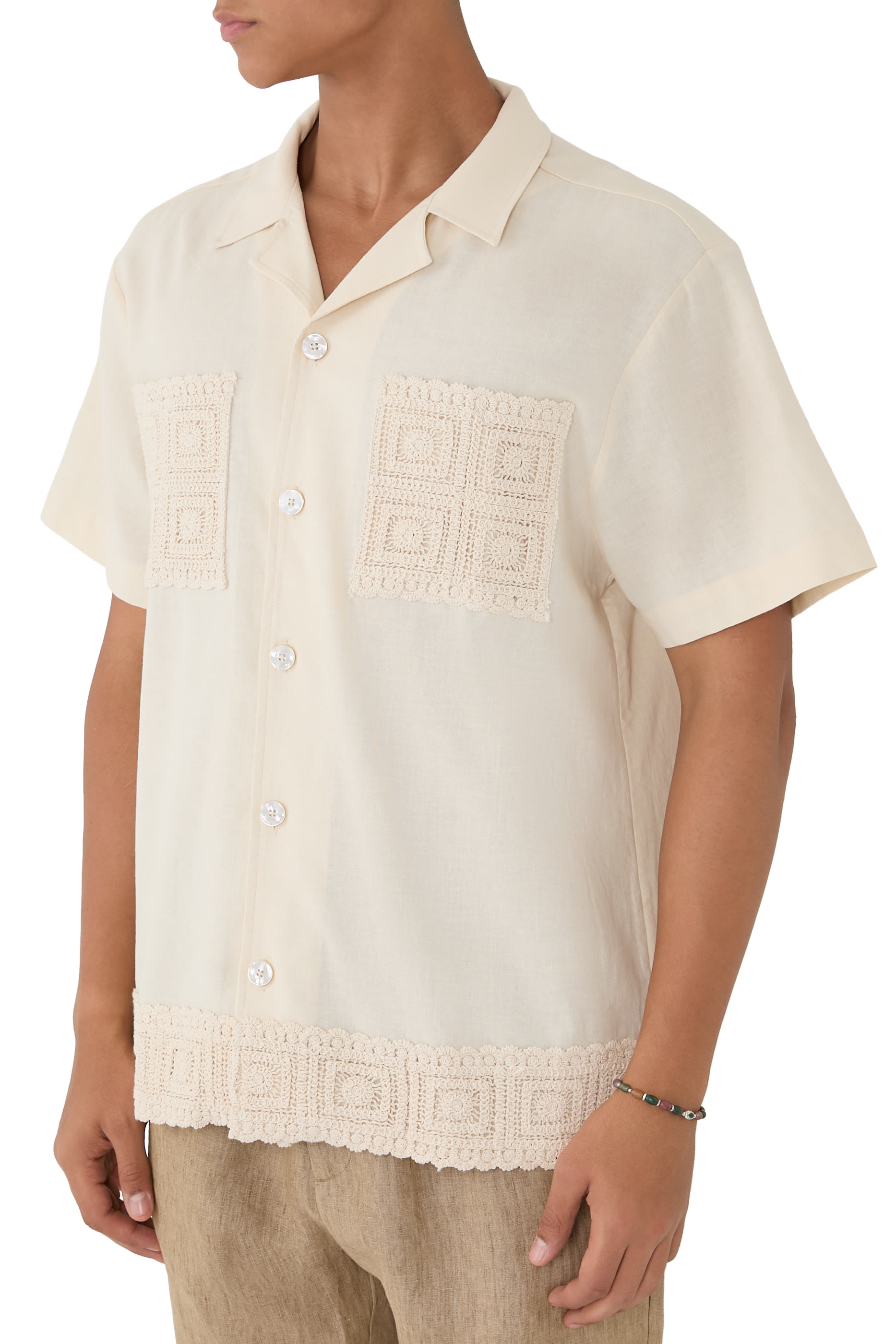 قميص انيجو بتفاصيل كروشيه مزيج كتان