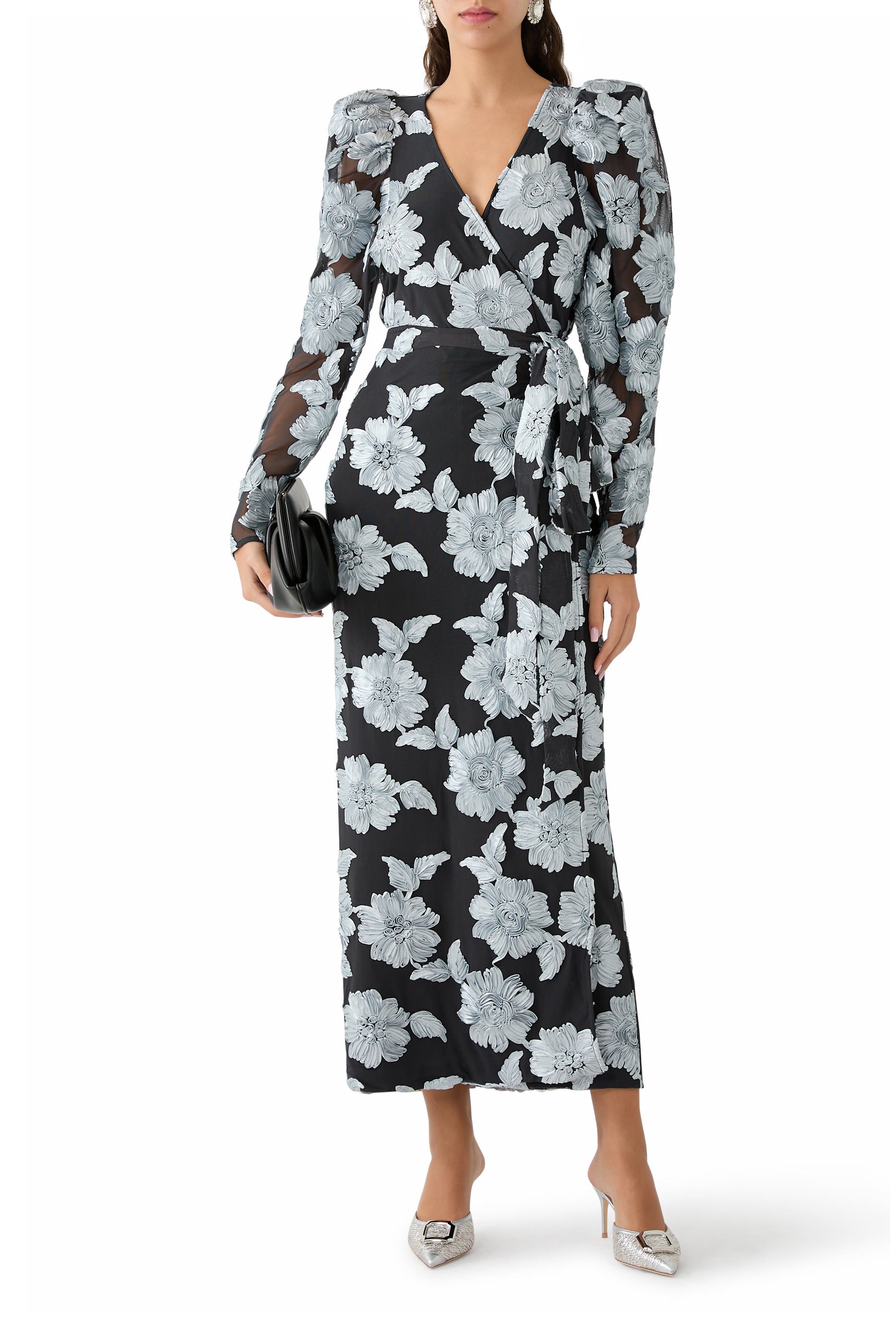 فستان طويل بنقشة زهور قماش شبكي