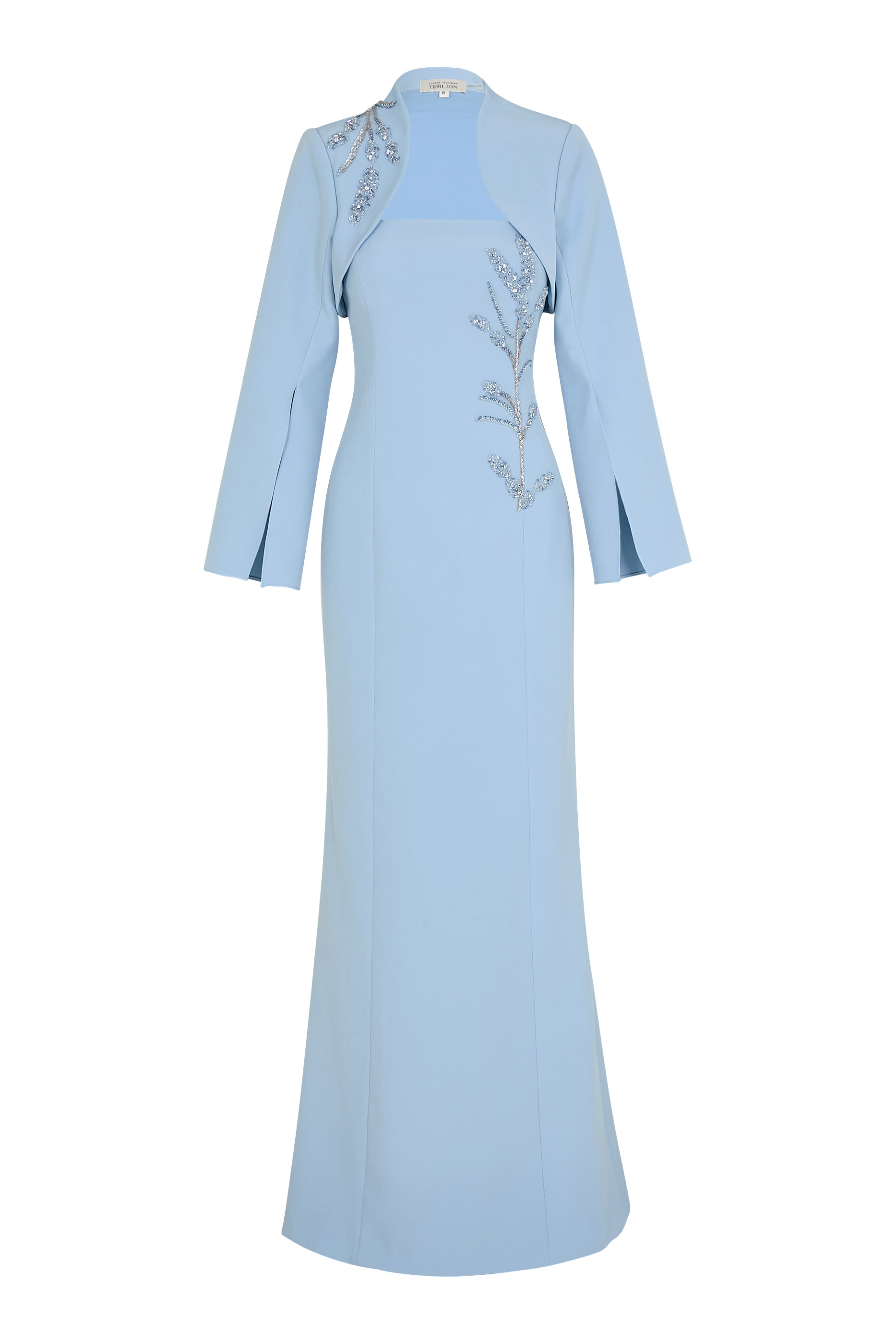 فستان سهرة بلا حمالات ببوليرو وخرز كريب