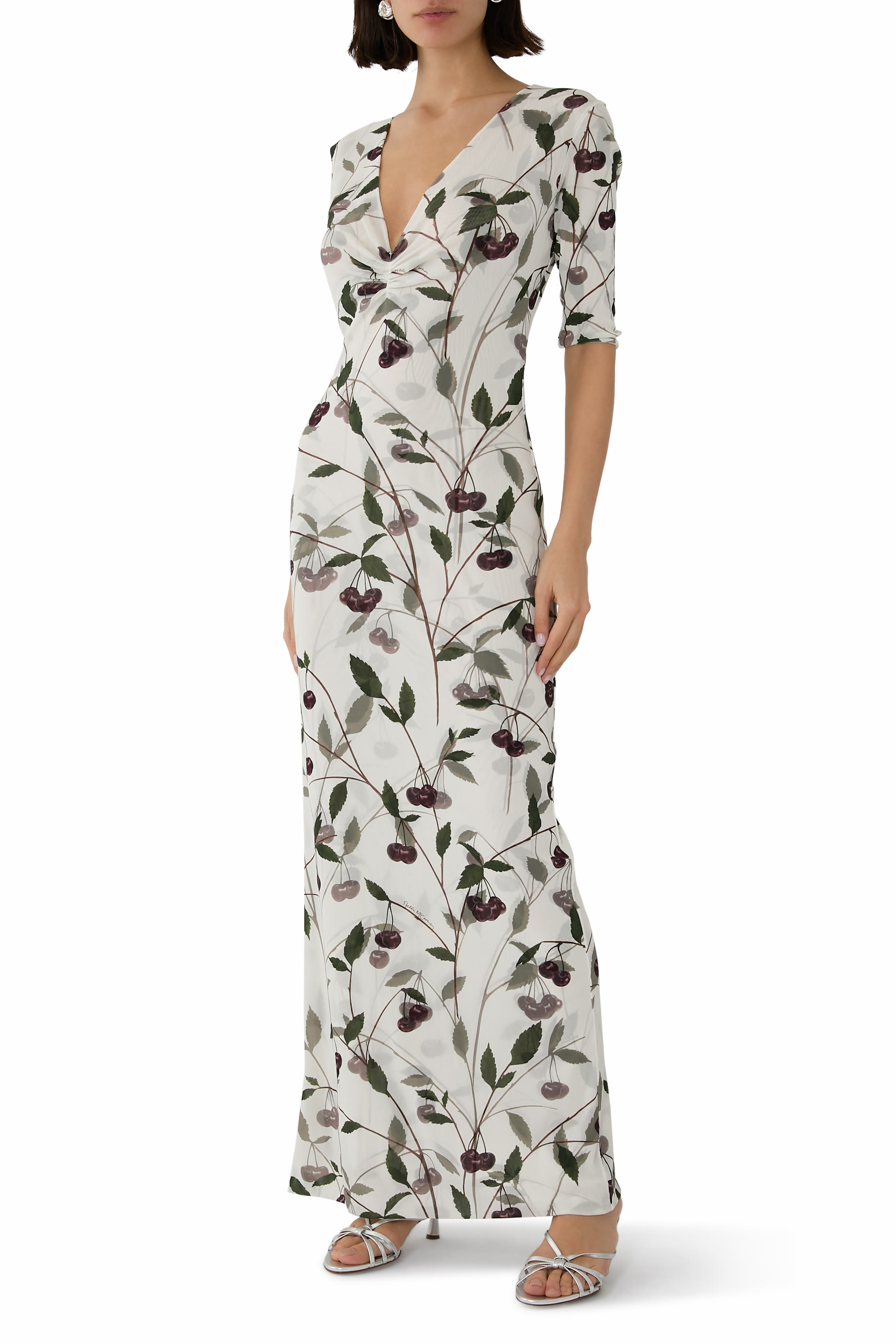 فستان متوسط الطول بأكمام قصيرة ونقشة كرز قماش شبكي