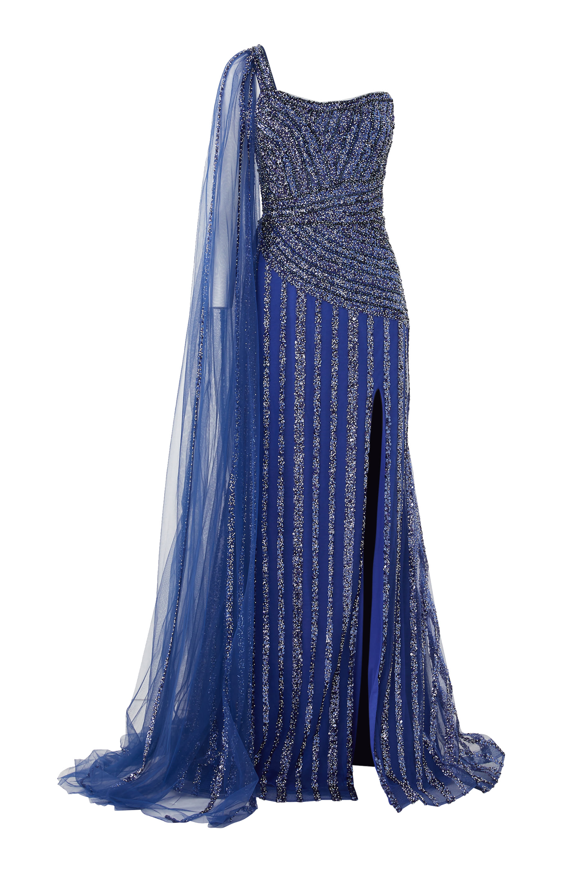 فستان سهرة بكتف واحد وكاب تول