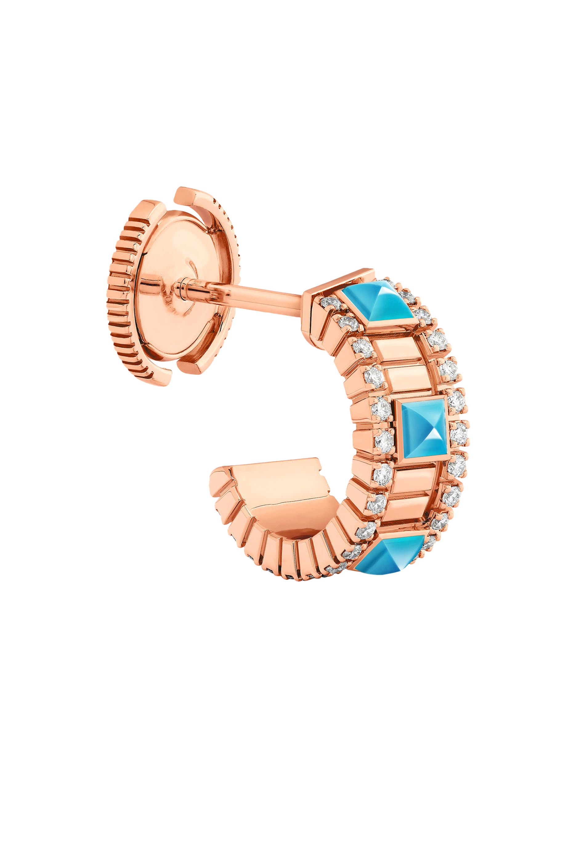 أقراط لايف صغيرة دائرية مرصعة بماس وفيروز، ذهب وردي عيار 18