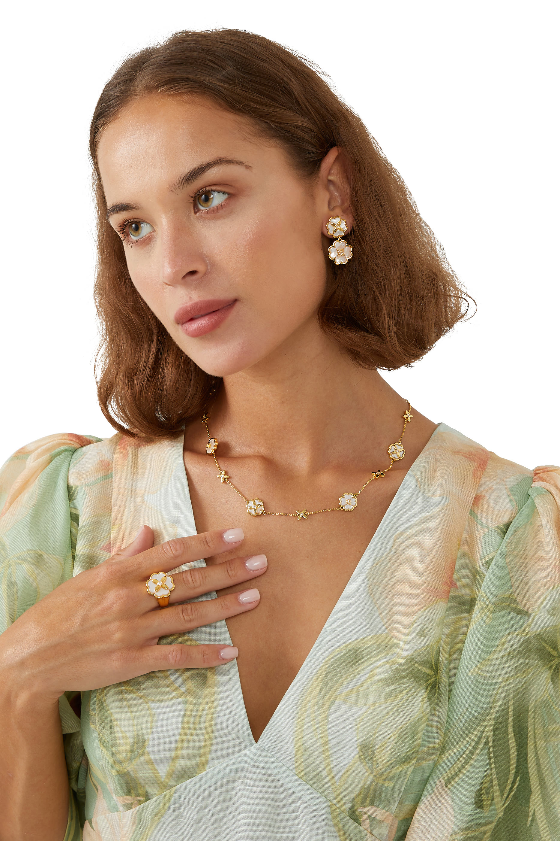 خاتم هيريتدج بلوم مرصع بأحجار زركونيا مكعبة وعرق اللؤلؤ معدن مطلي