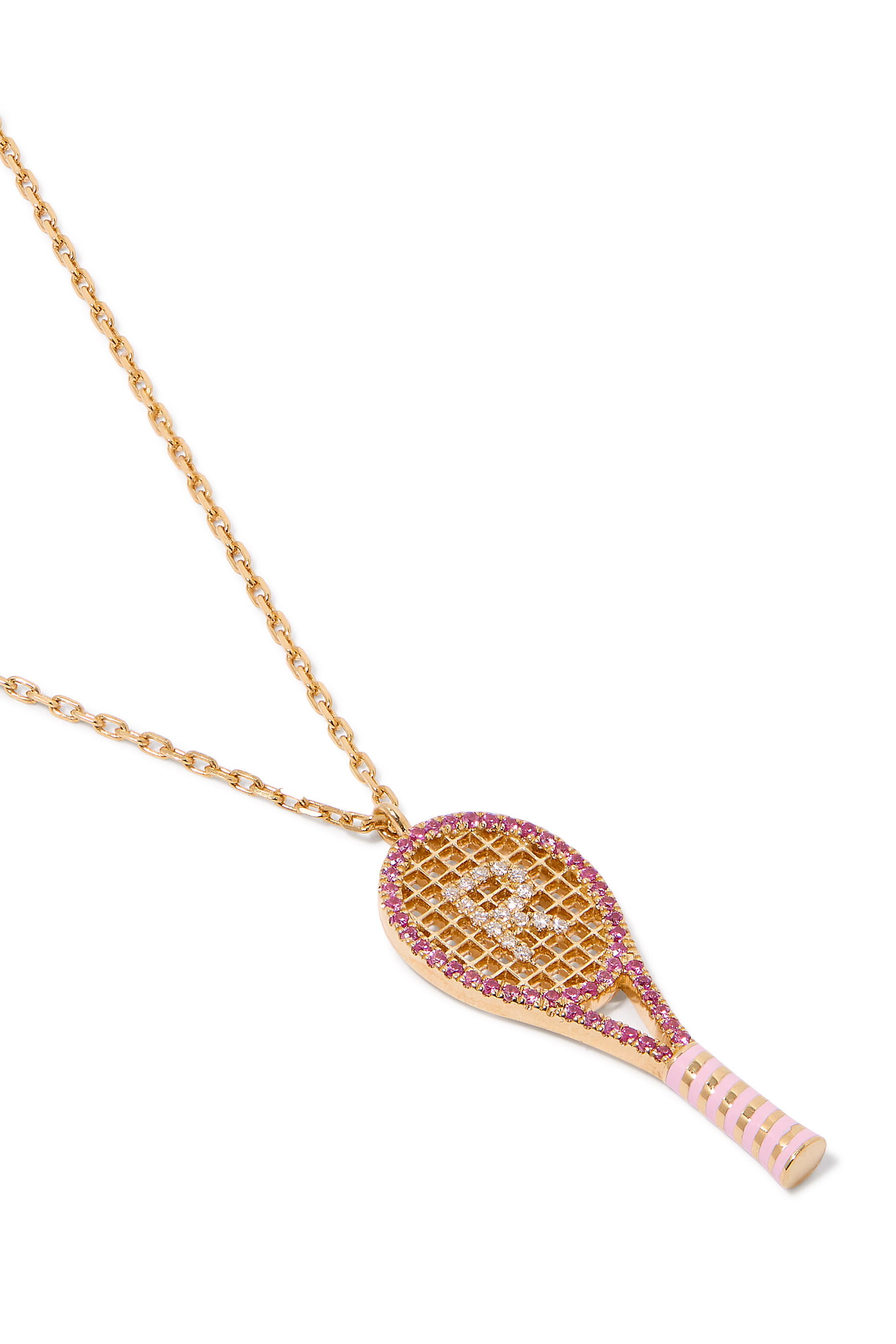 قلادة بحلية بتصميم مضرب تنس بحرف "R"، مرصعة بالألماس والياقوت ذهب أصفر عيار 18