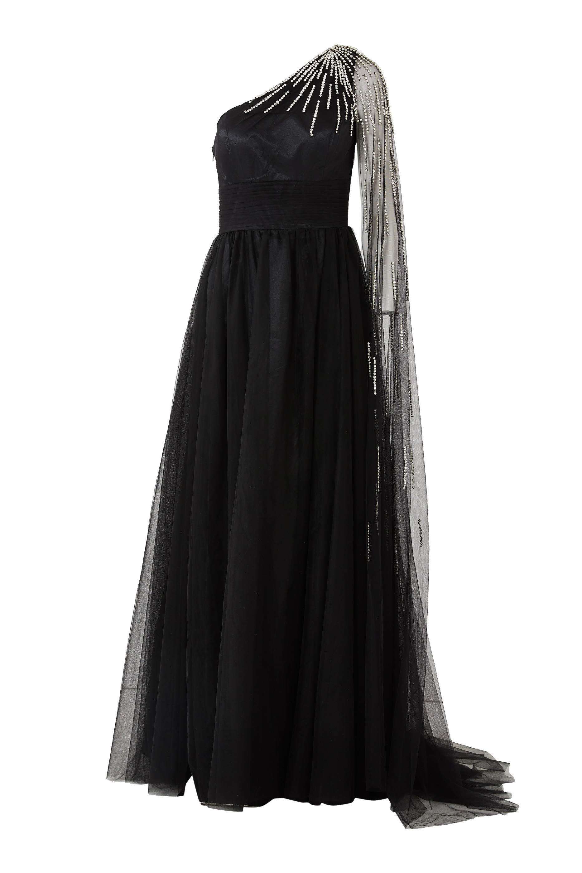 فستان سهرة بكتف مكشوف وتطريزات