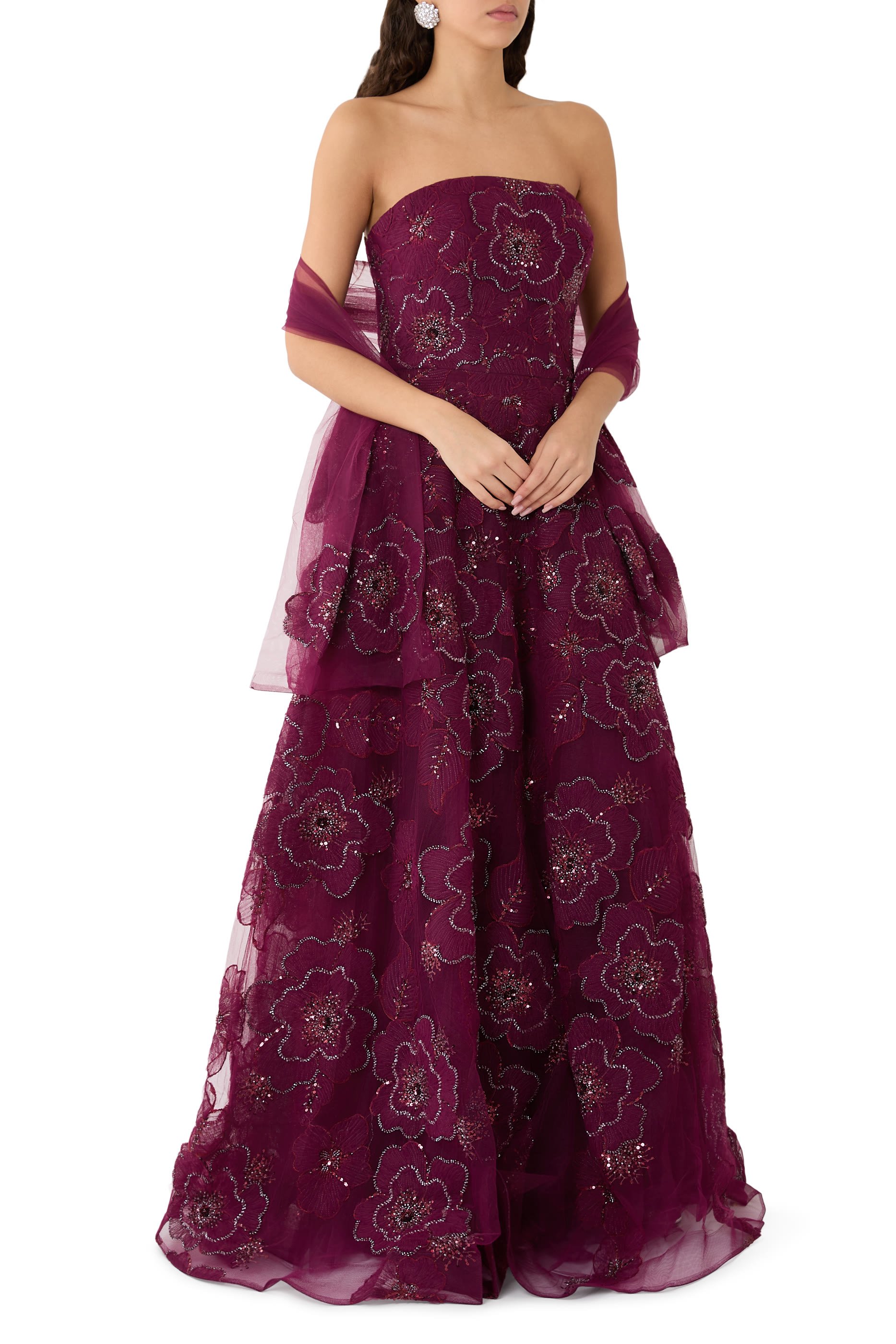 فستان سهرة بلا حمالات مزين بخرز وزهور بارزة الملمس