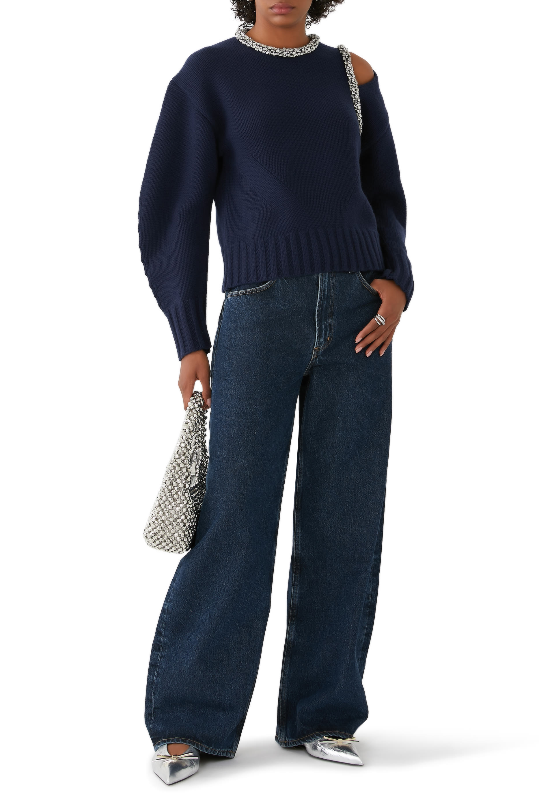 كنزة مونرو بفتحات مرصع بكريستال مزيج صوف