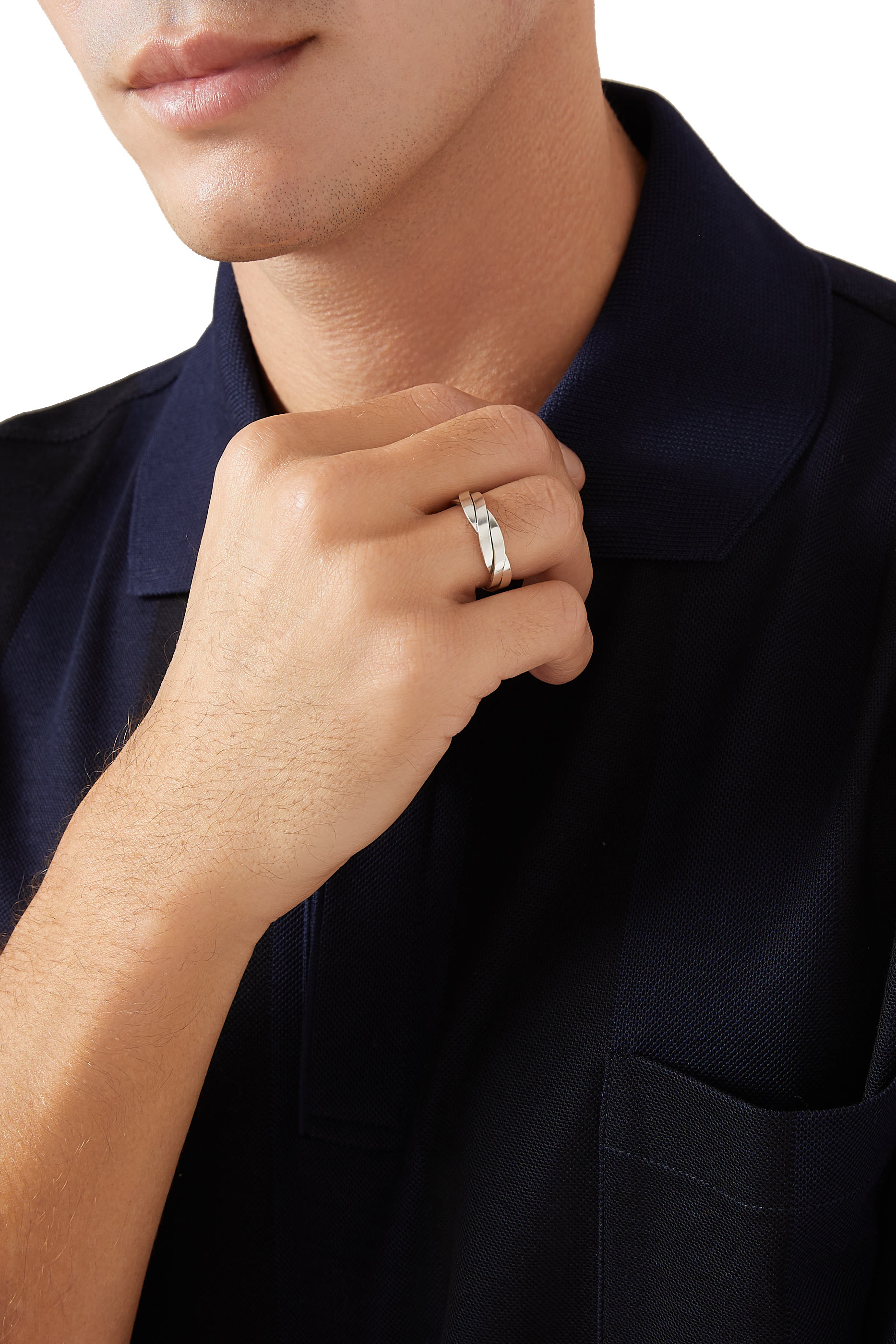 خاتم ستريملاين بحلقتين مرصع بالماس فضة إسترلينية