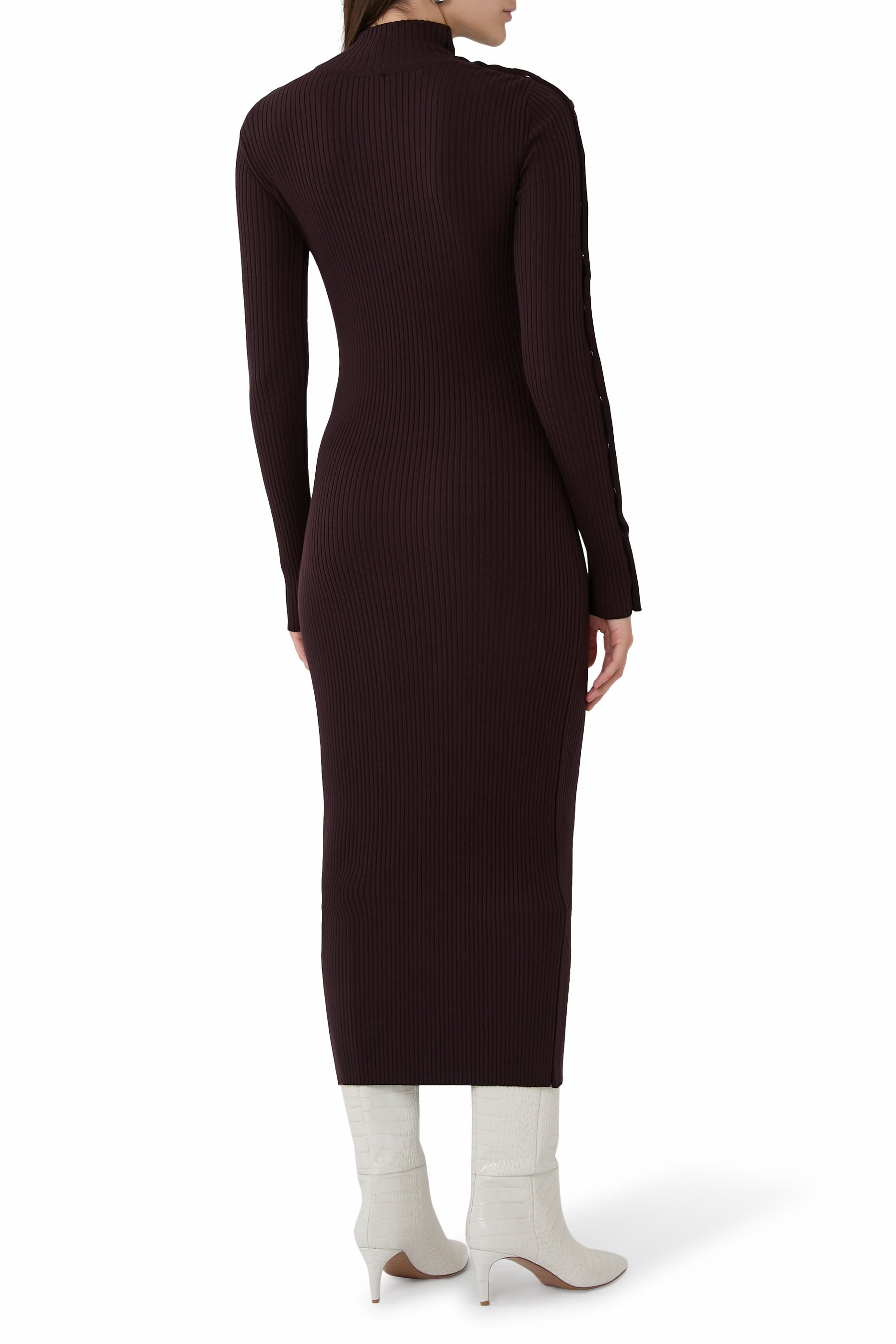 فستان متوسط الطول بياقة عالية قماش مضلع