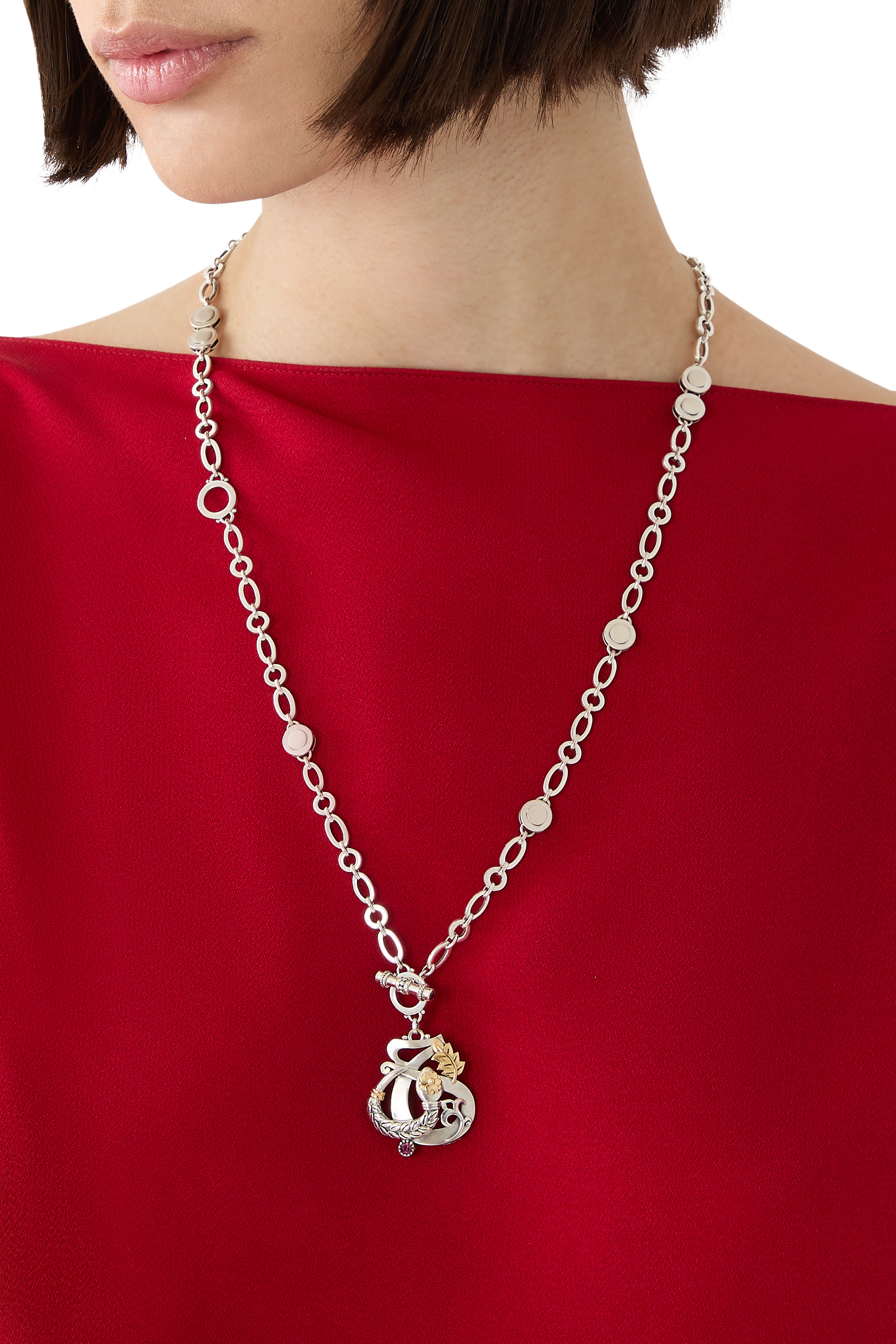 قلادة لوف اند ريبيرث متعددة الإستعمالات مرصعة  بحجر الرودوليت، العقيق، والفيروز، ذهب عيار 18 وفضة استرلينية