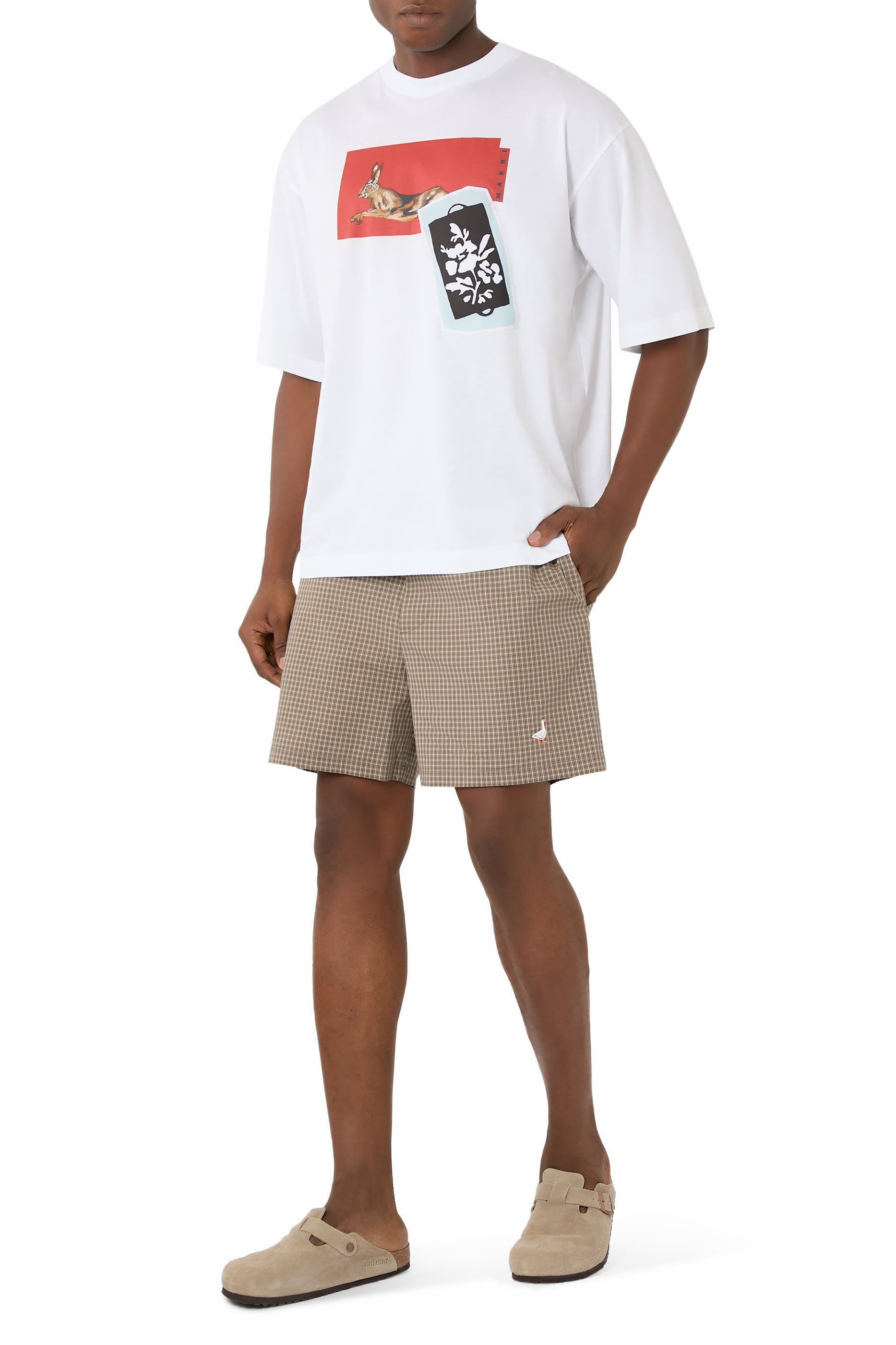 شورت بوبلين مخطط مطرز بنقشة أوزة