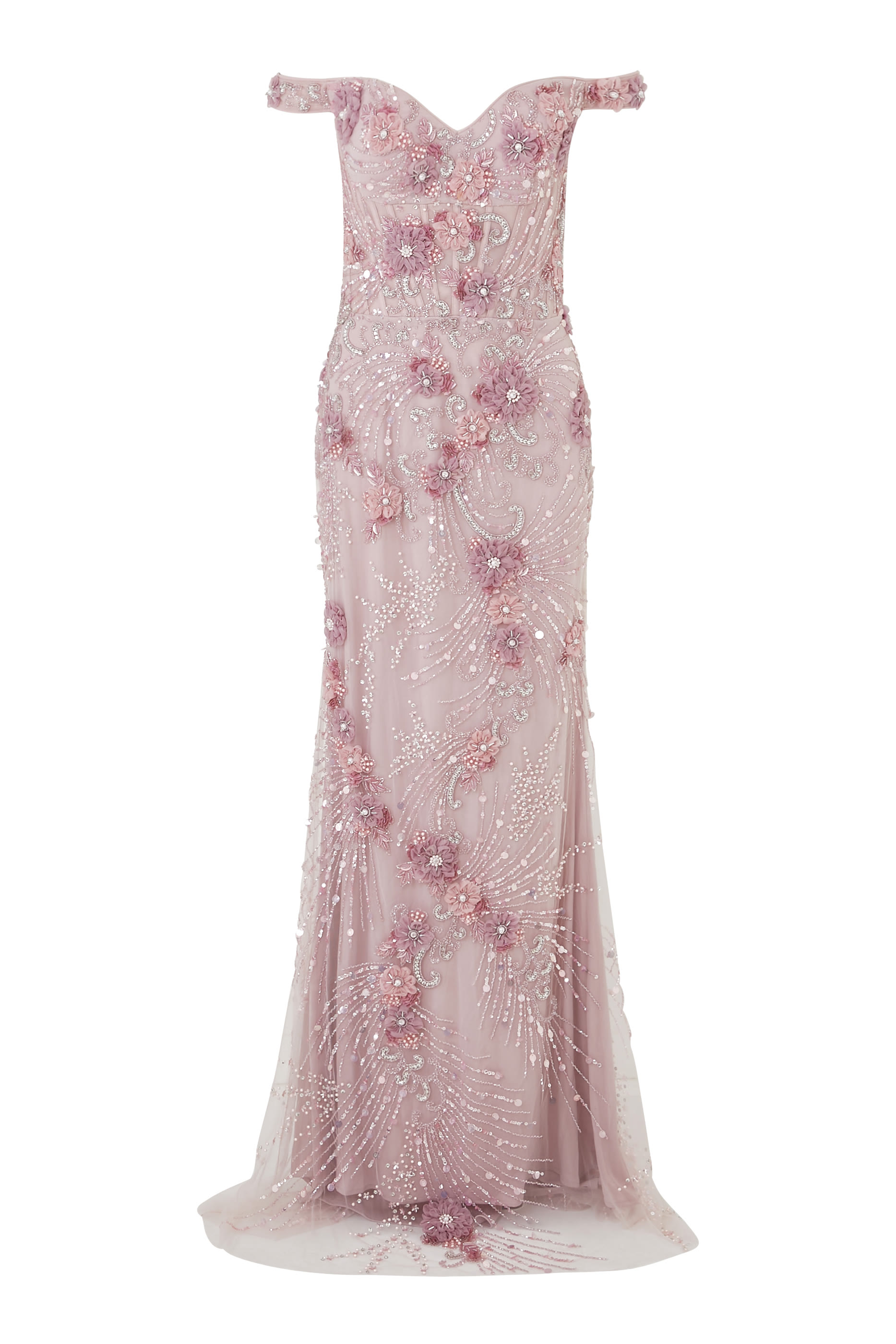 فستان سهرة بأكتاف مكشوفة وتطريزات بالخرز