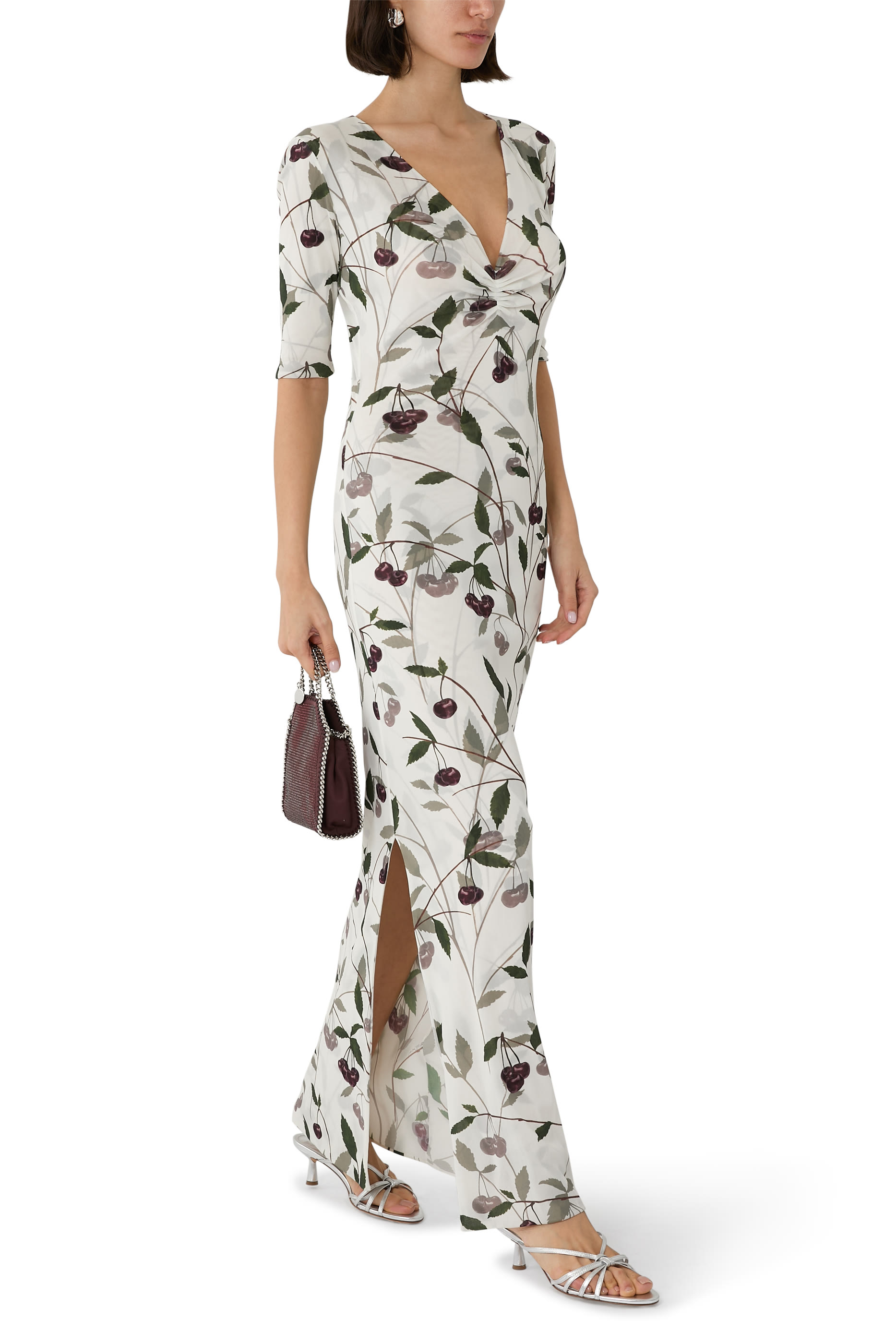 فستان متوسط الطول بأكمام قصيرة ونقشة كرز قماش شبكي