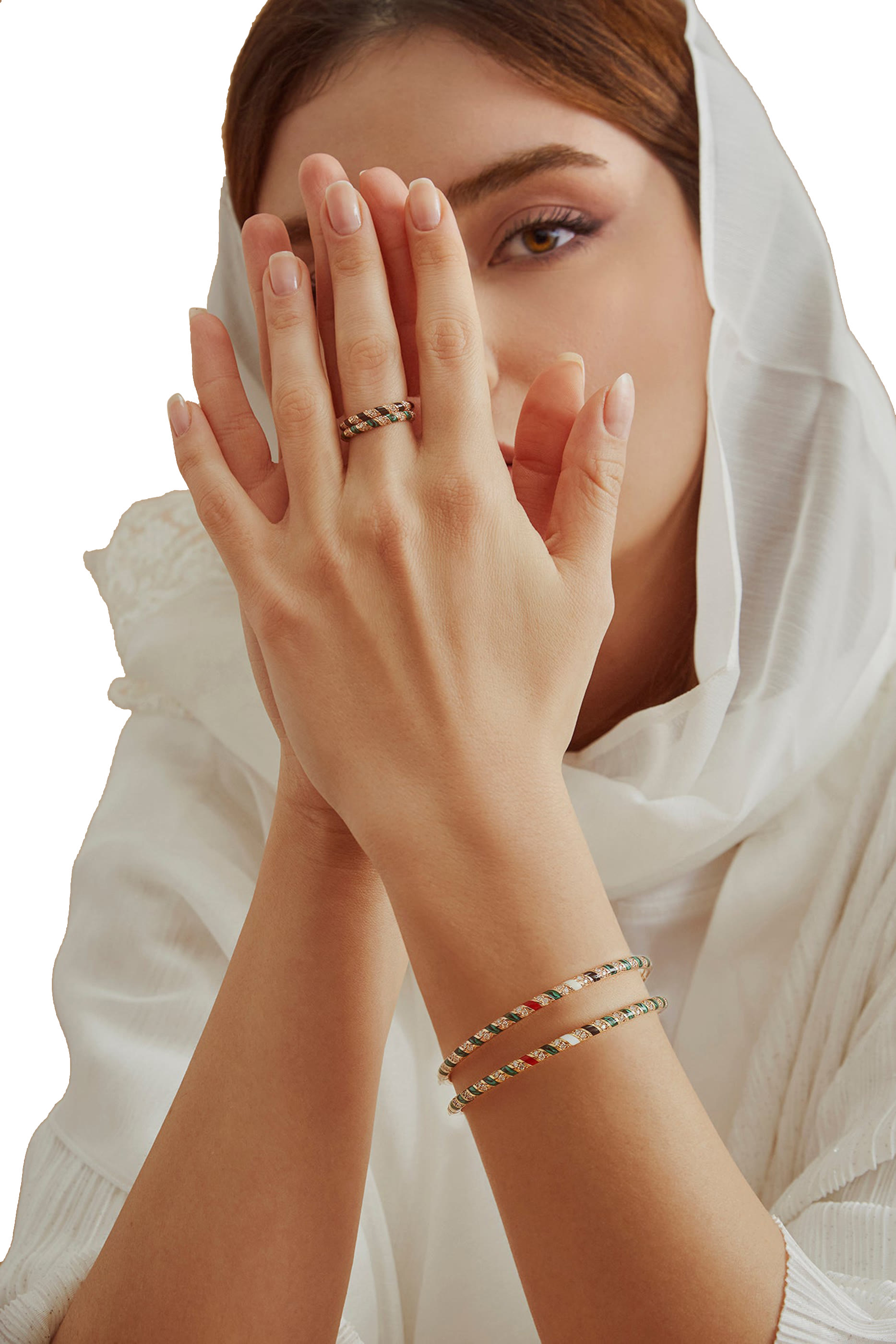 خاتم بتصميم لولبي مزين بمينا أخضر وماس ذهب وردي عيار 18