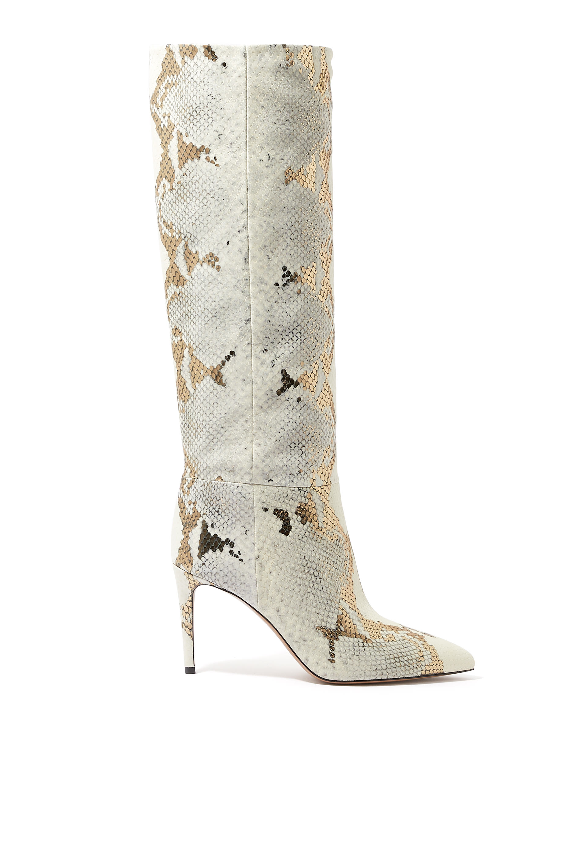 حذاء بوت بطول الركبة وكعب 85 مم جلد بنقشة جلد الأفعى