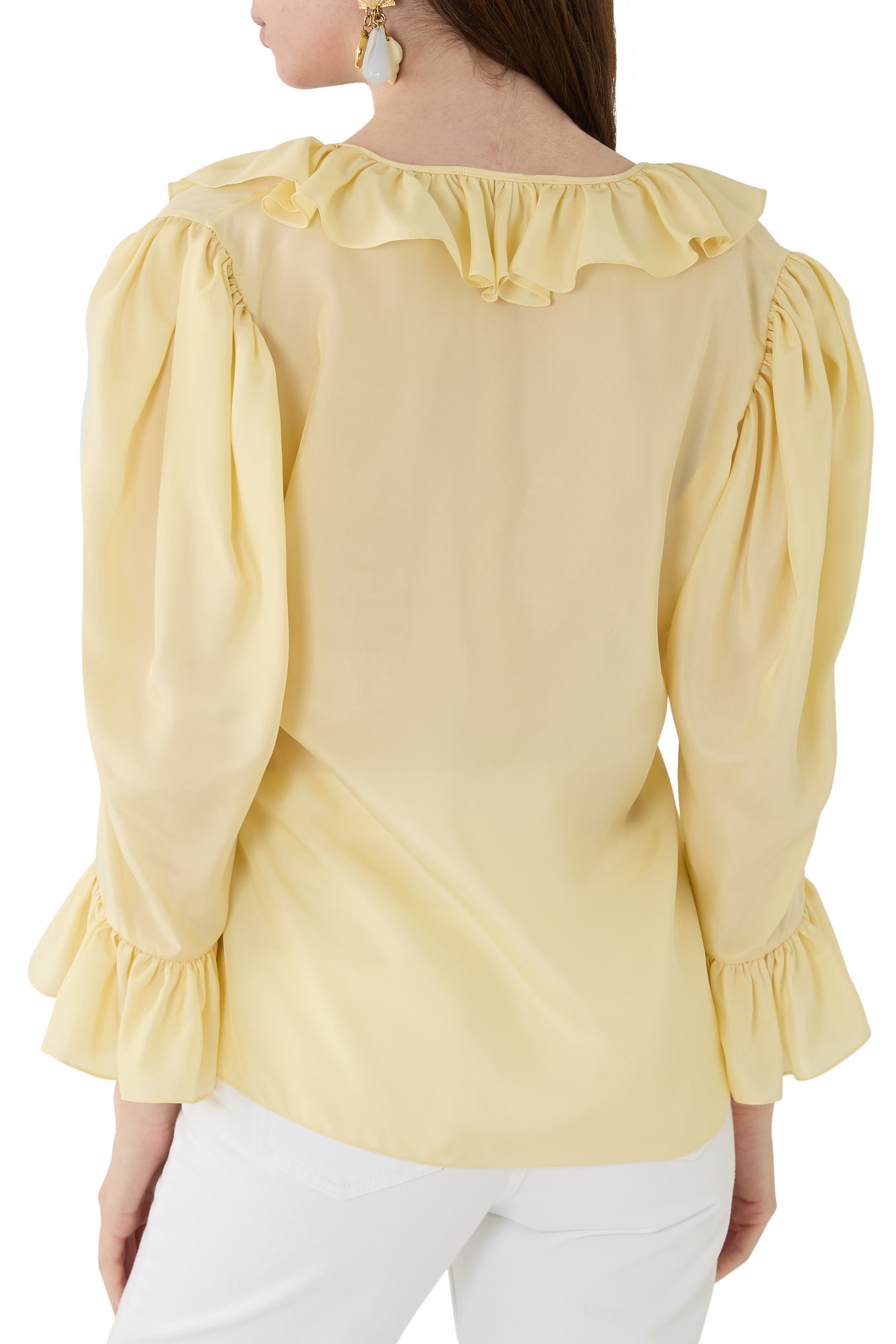 بلوزة بياقة V وكشكش حرير هابوتاي