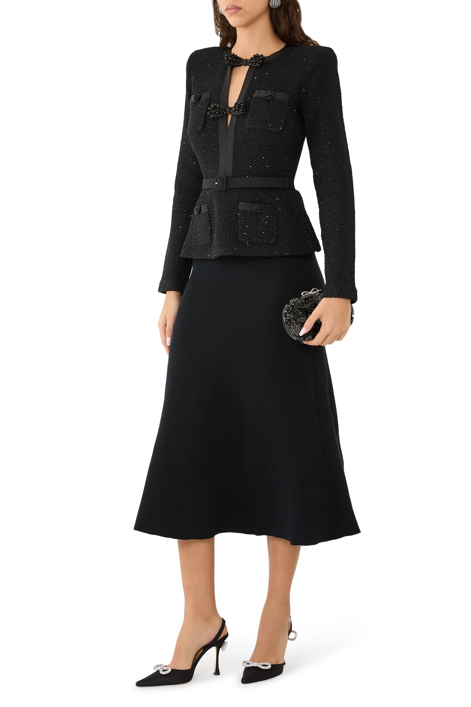 فستان منسوج بقصة ضيقة متوسطة الطول مزين بترتر