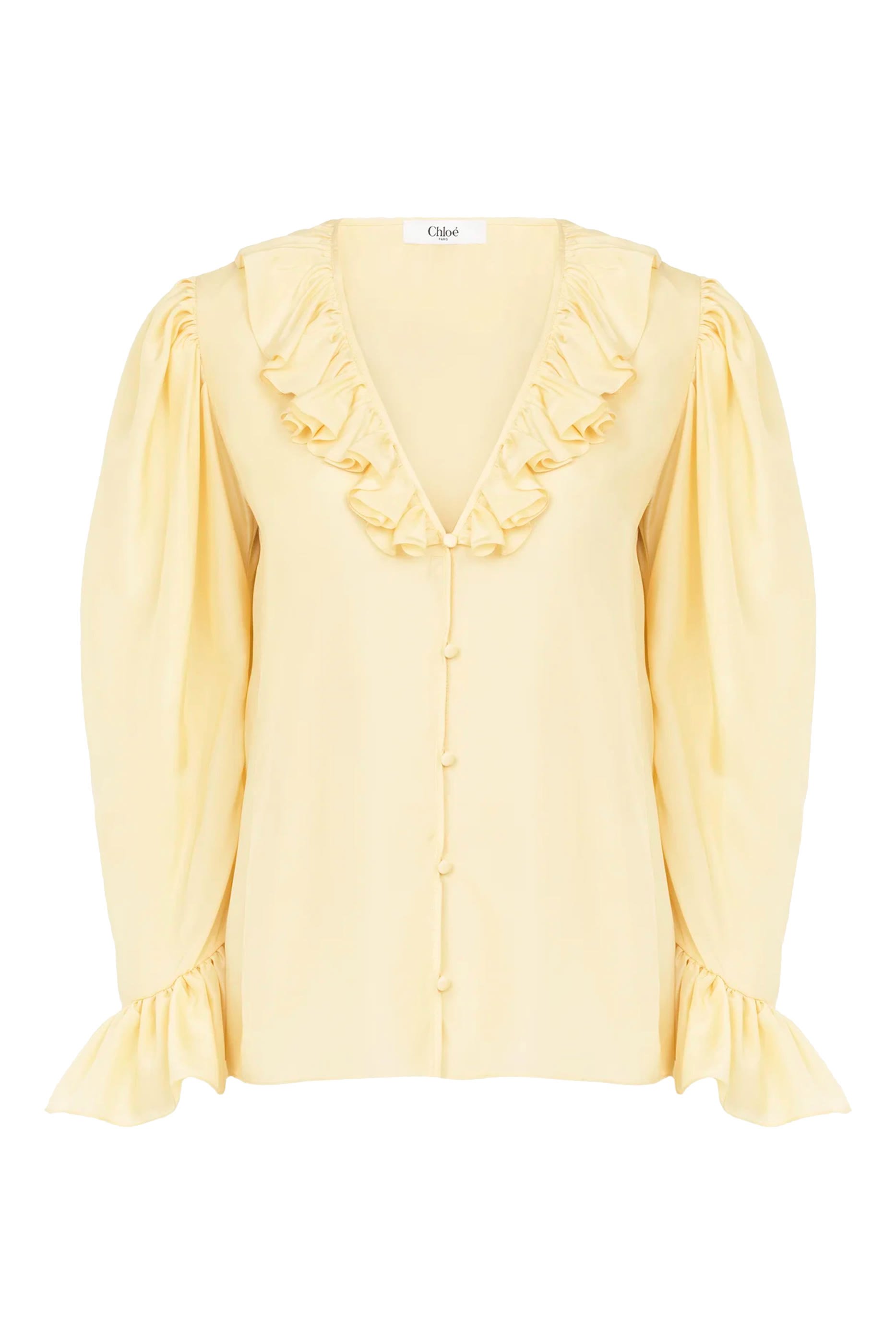 بلوزة بياقة V وكشكش حرير هابوتاي