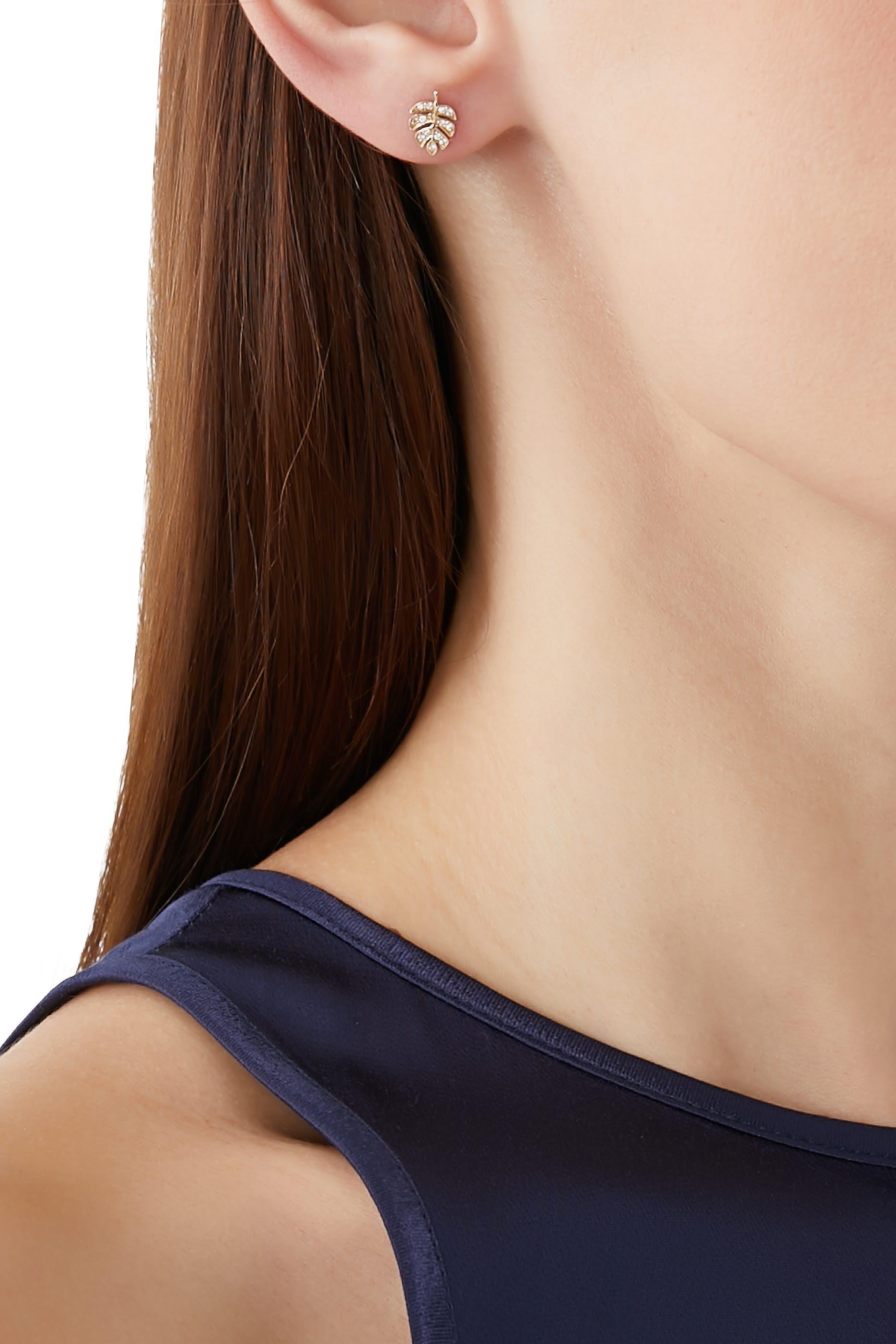 أقراط بتصميم ورقة مونيستيرا صغيرة مرصعة بالماس، ذهب أصفر عيار 14