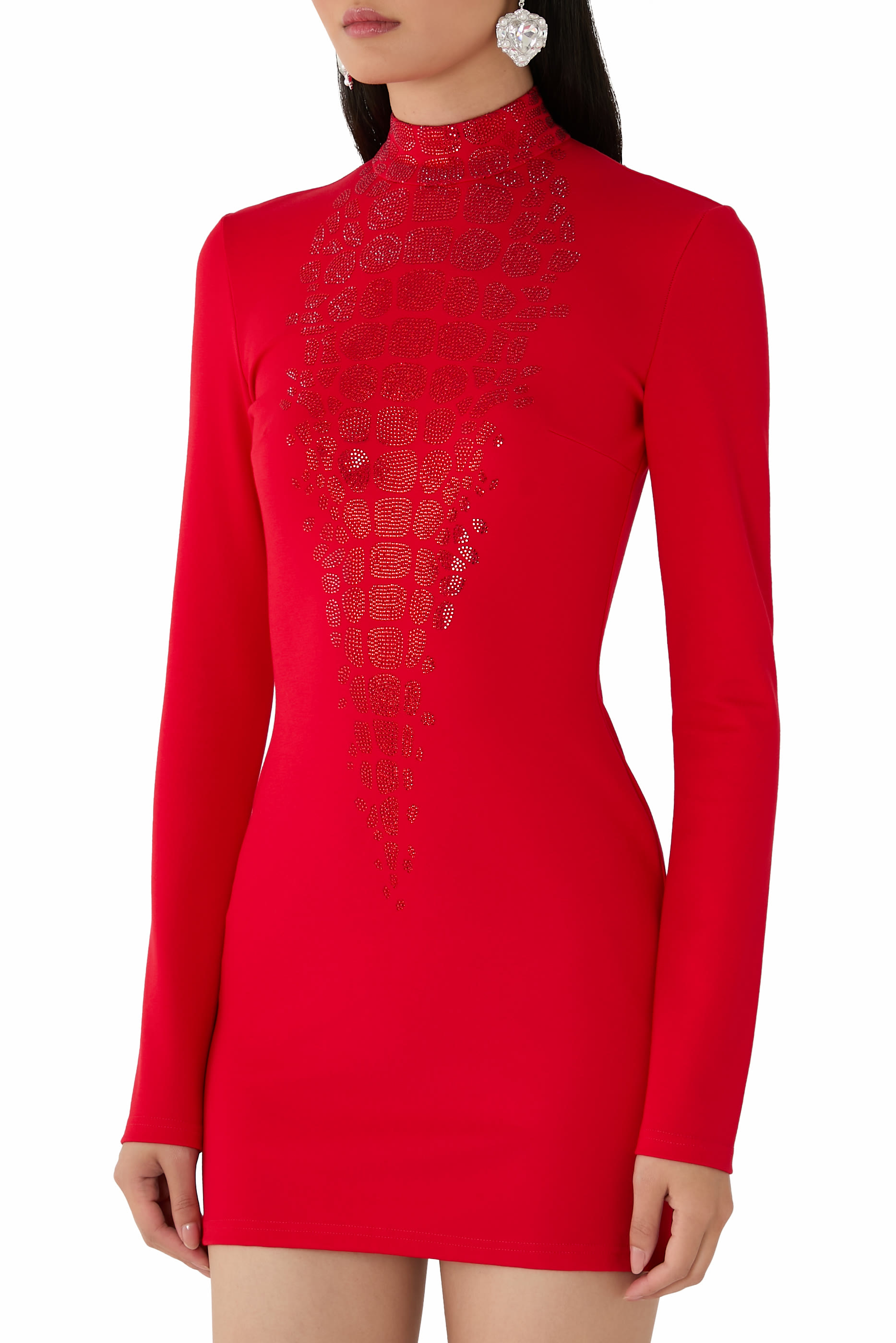 فستان قصير مزين بأحجار الراين بتصميم نقشة جلد التمساح