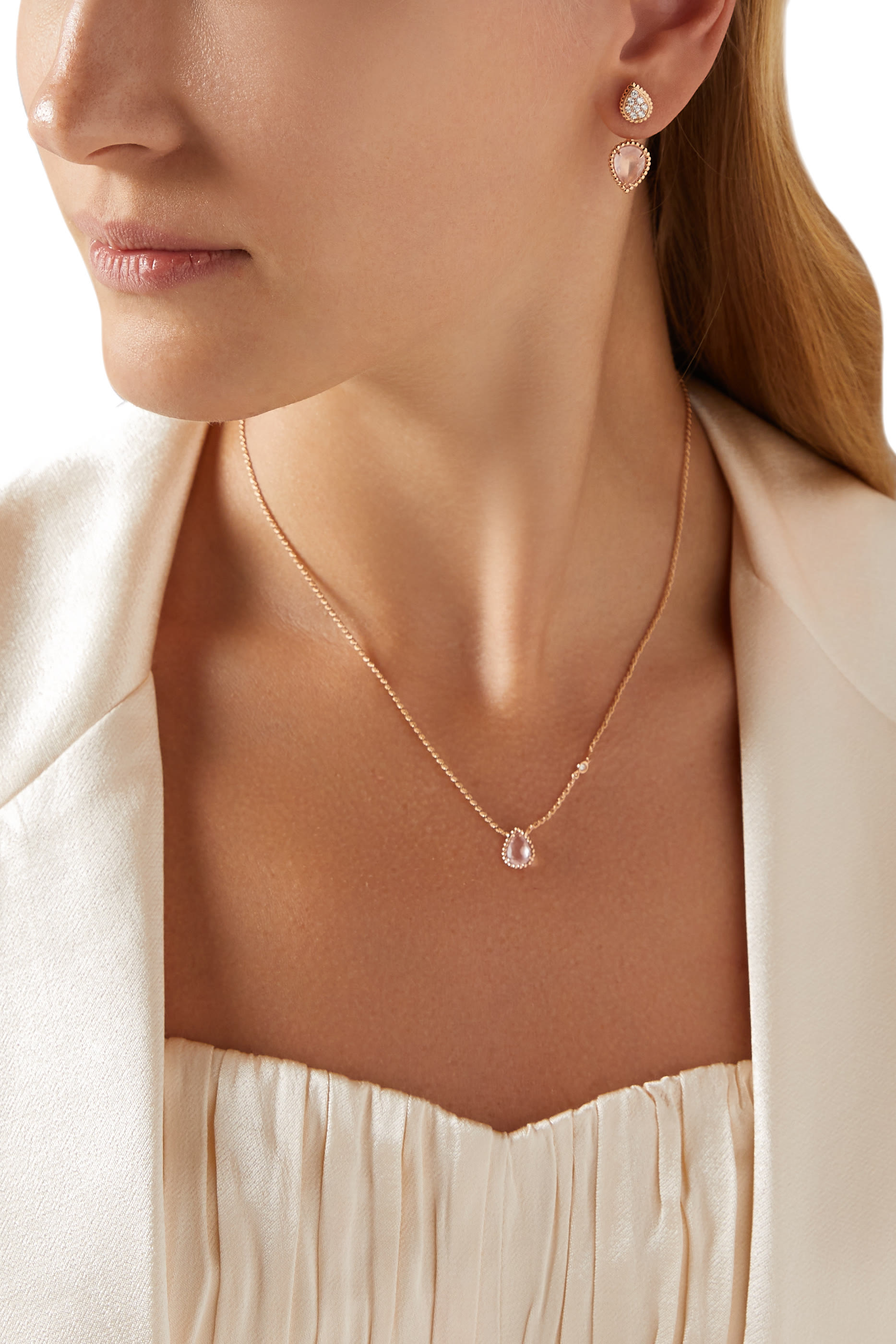 قرط منفرد سيربنت بوهيم مرصع بالماس والكوارتز ذهب وردي عيار 18 