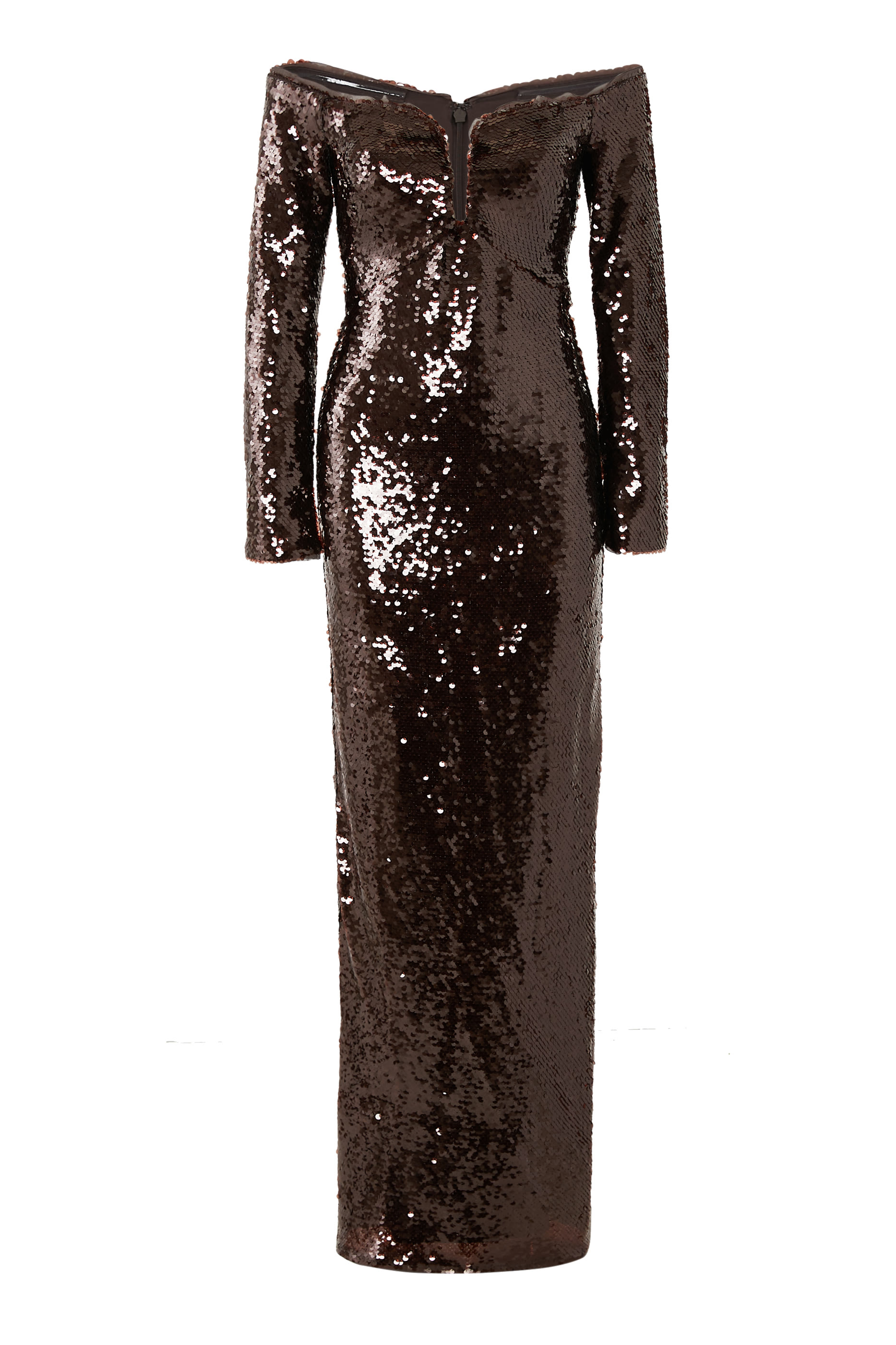 فستان طويل بأكتاف متساقطة وترتر