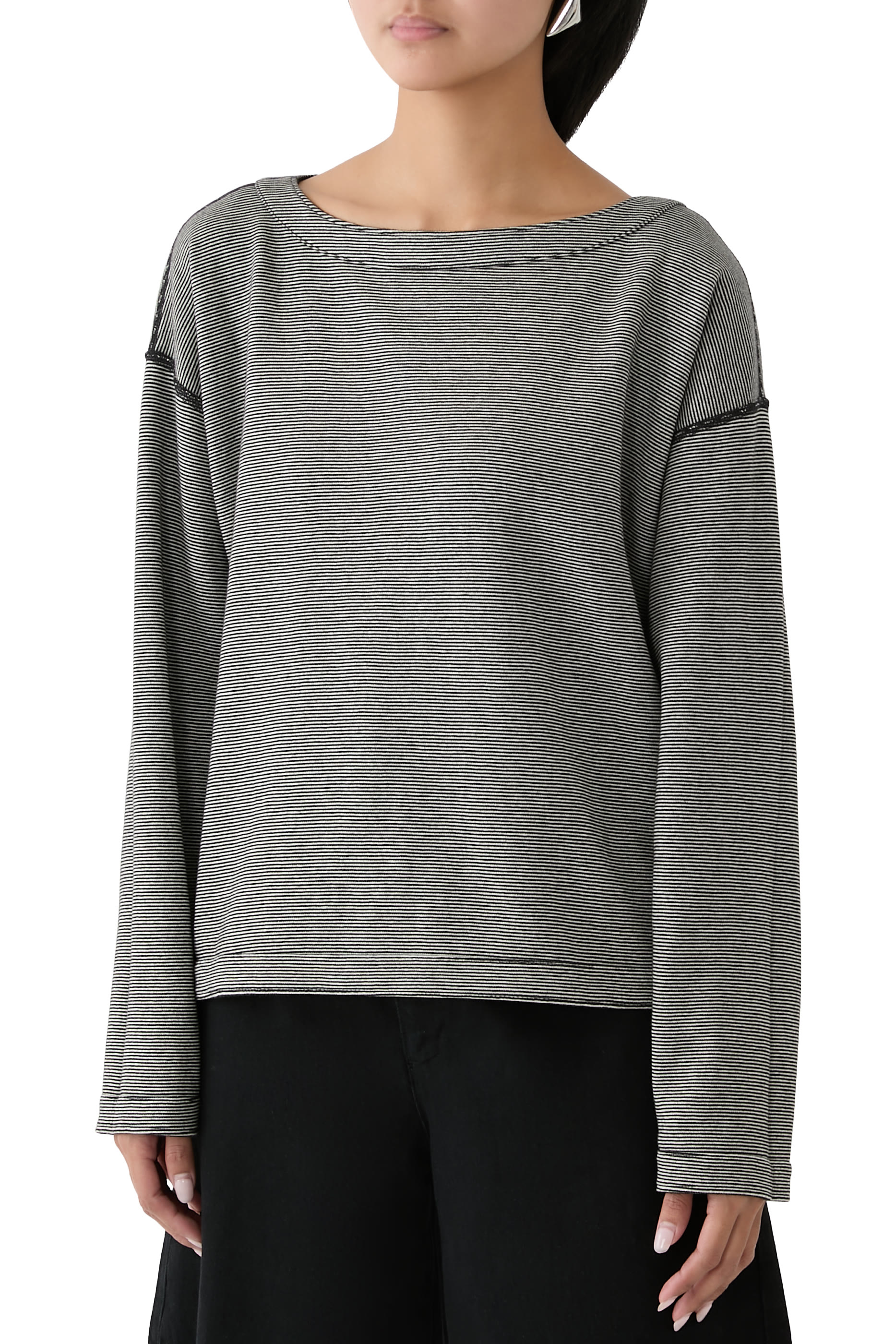 بلوزة بتصميم وجهين بياقة قارب ونقشة مخططة نسيج مزدوج قطن عضوي