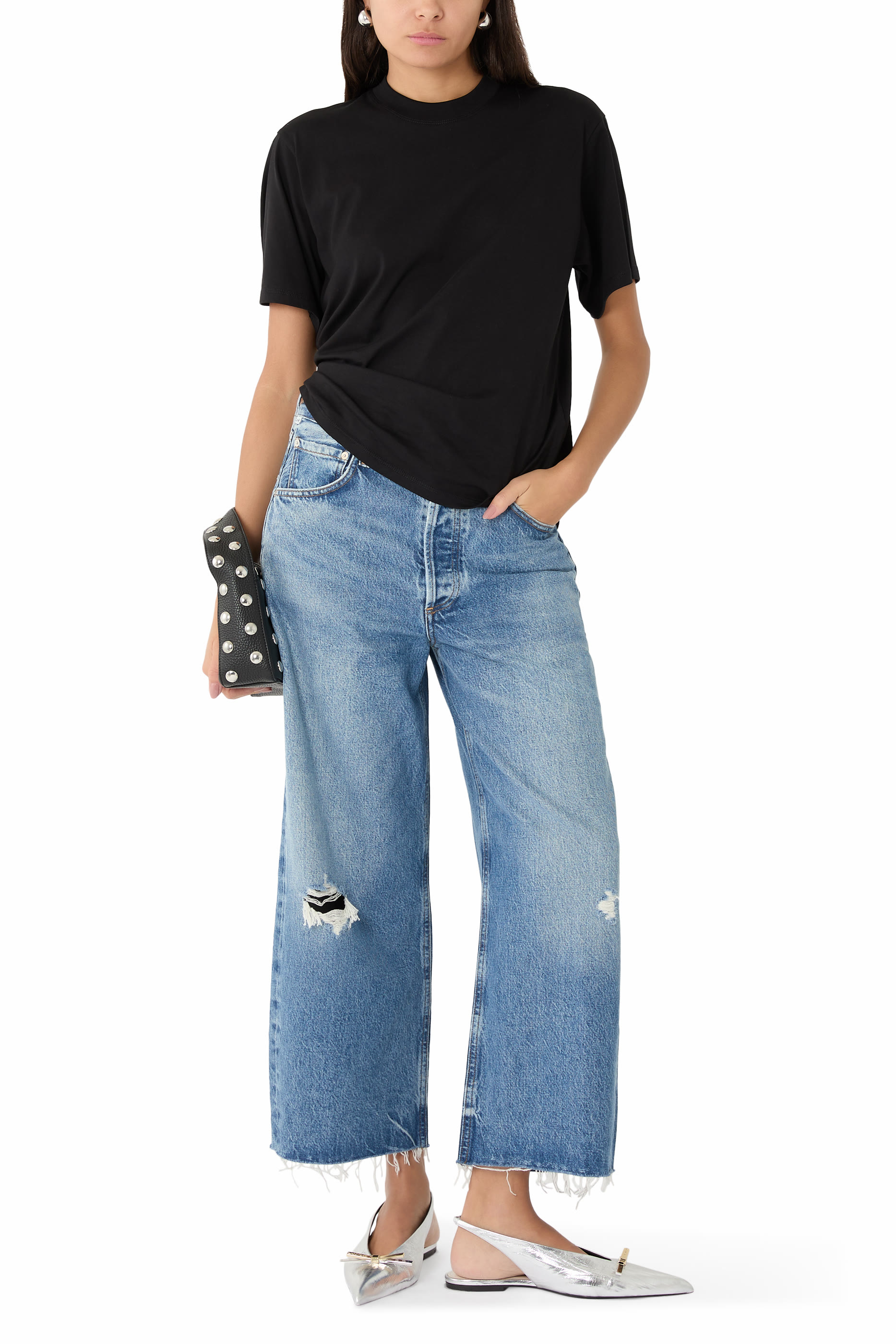 بنطال أيلا بقصة قصيرة وحافة منسلة دنيم