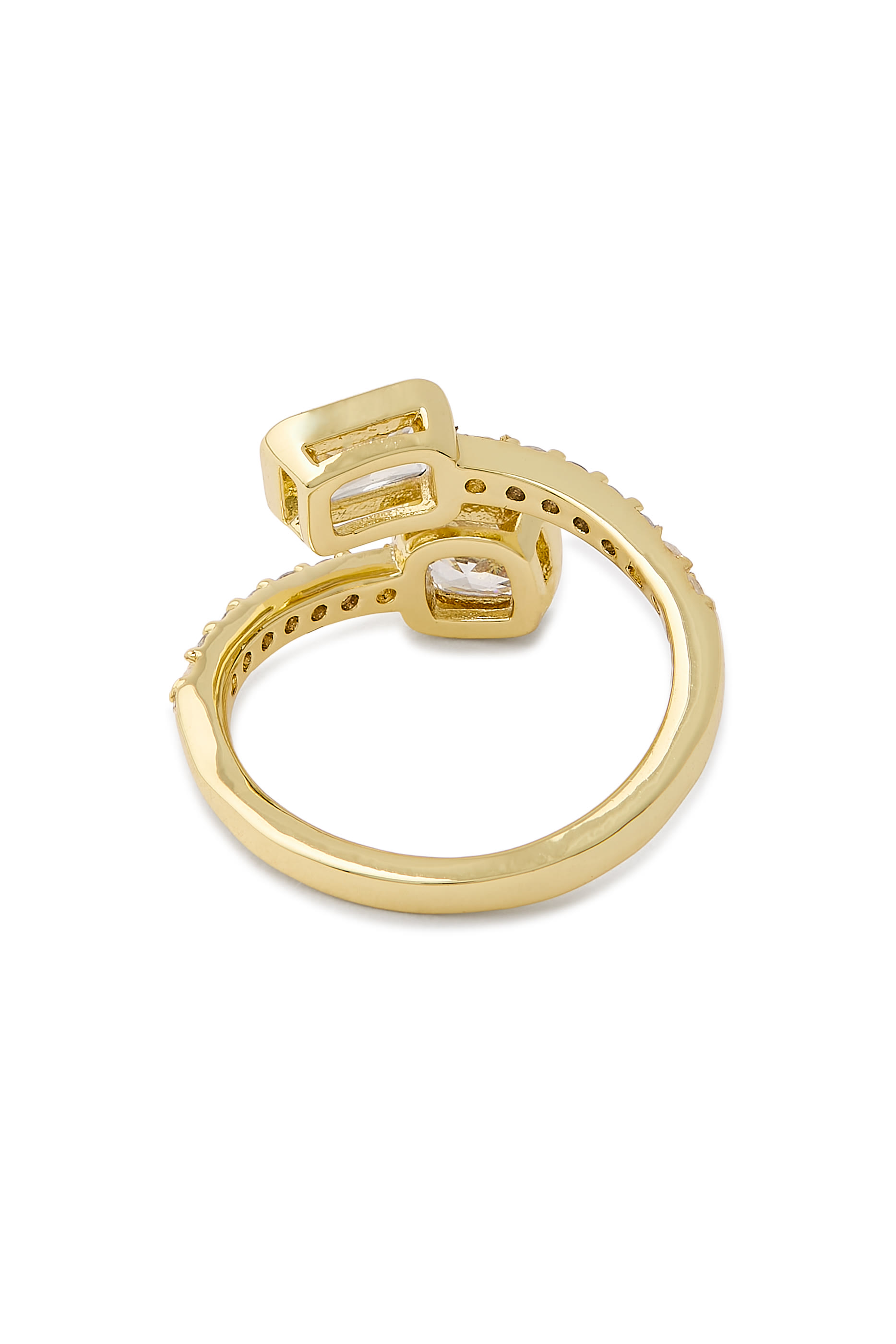 خاتم مفتوح بتصميم ملفوف مزين بأحجار زركونيا بافيه على شكل زمرد، نحاس بطلاء ذهبي