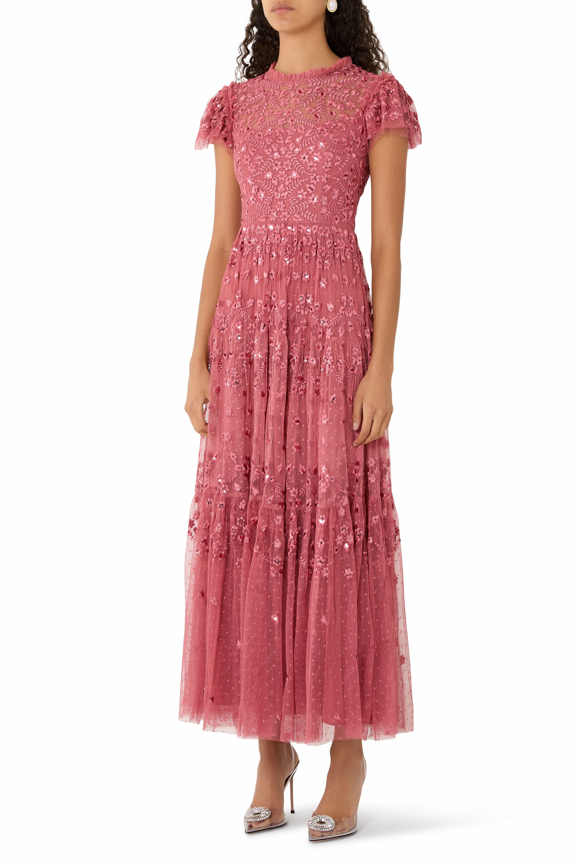 فستان سهرة كلوفر بأكمام قصيرة بطول الكاحل