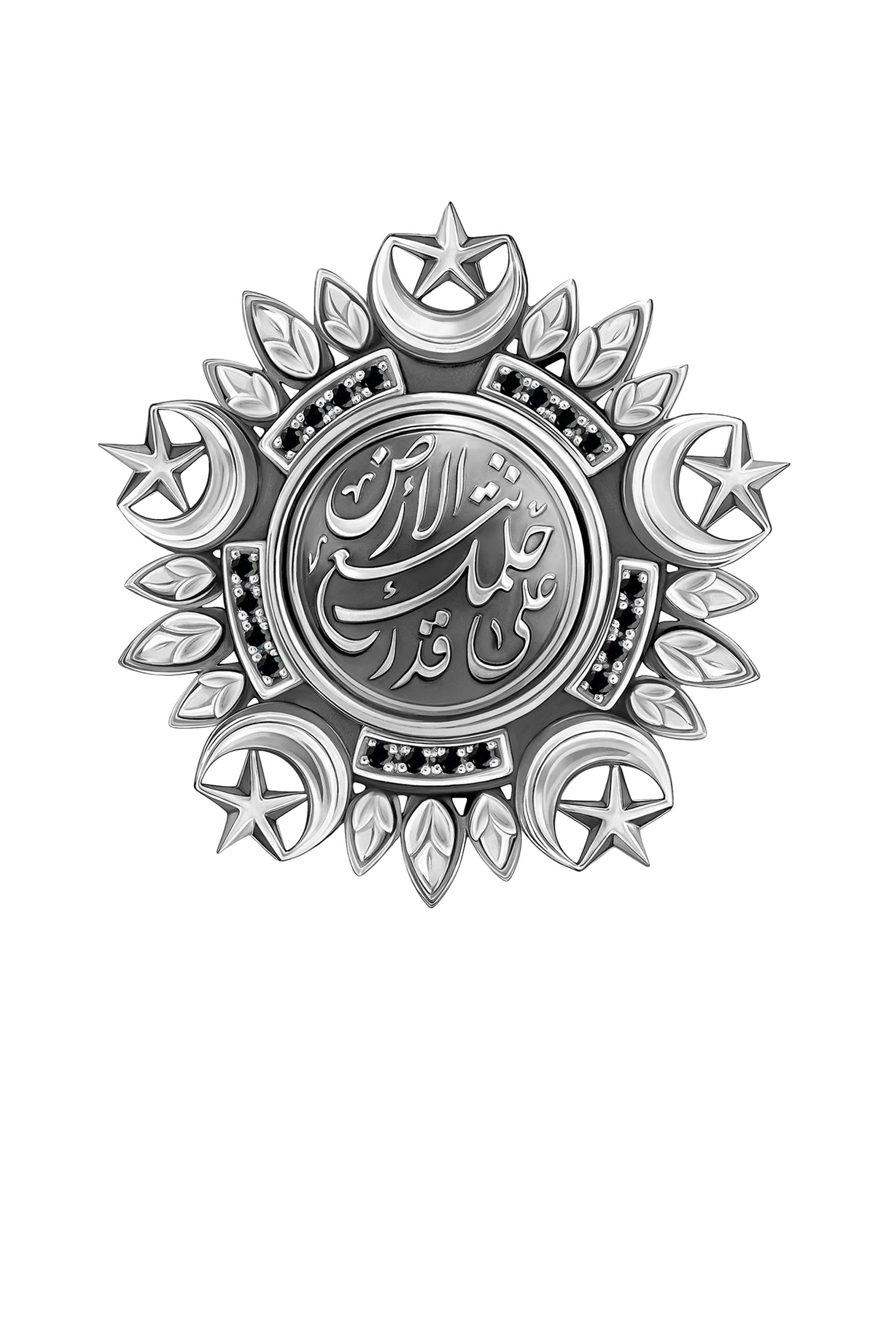 بروش بتصميم ميدالية مرصع بالماس الأسود، فضة إسترلينية