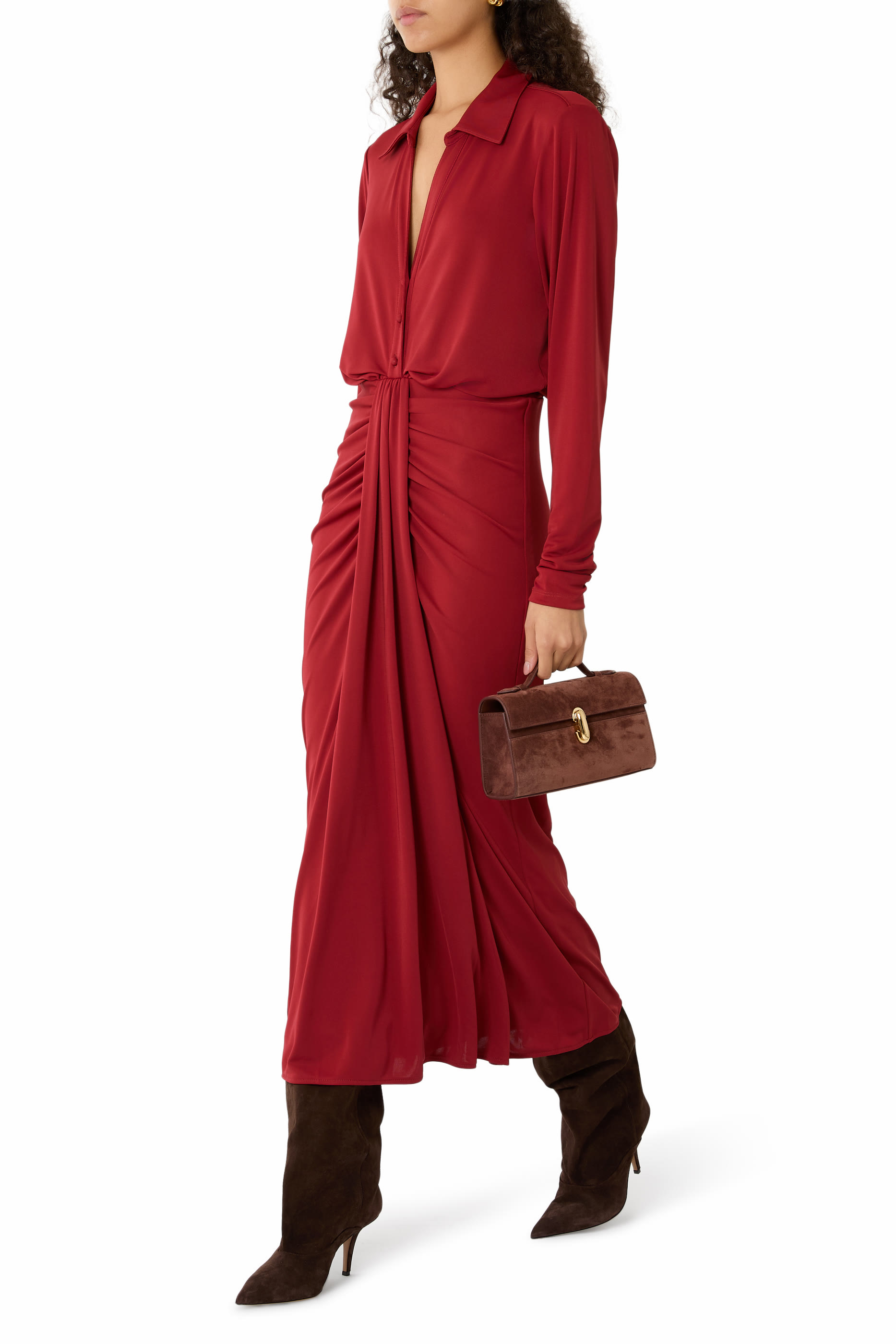 فستان سيفيرينا بأكمام طويلة وتفاصيل درابيه جيرسيه