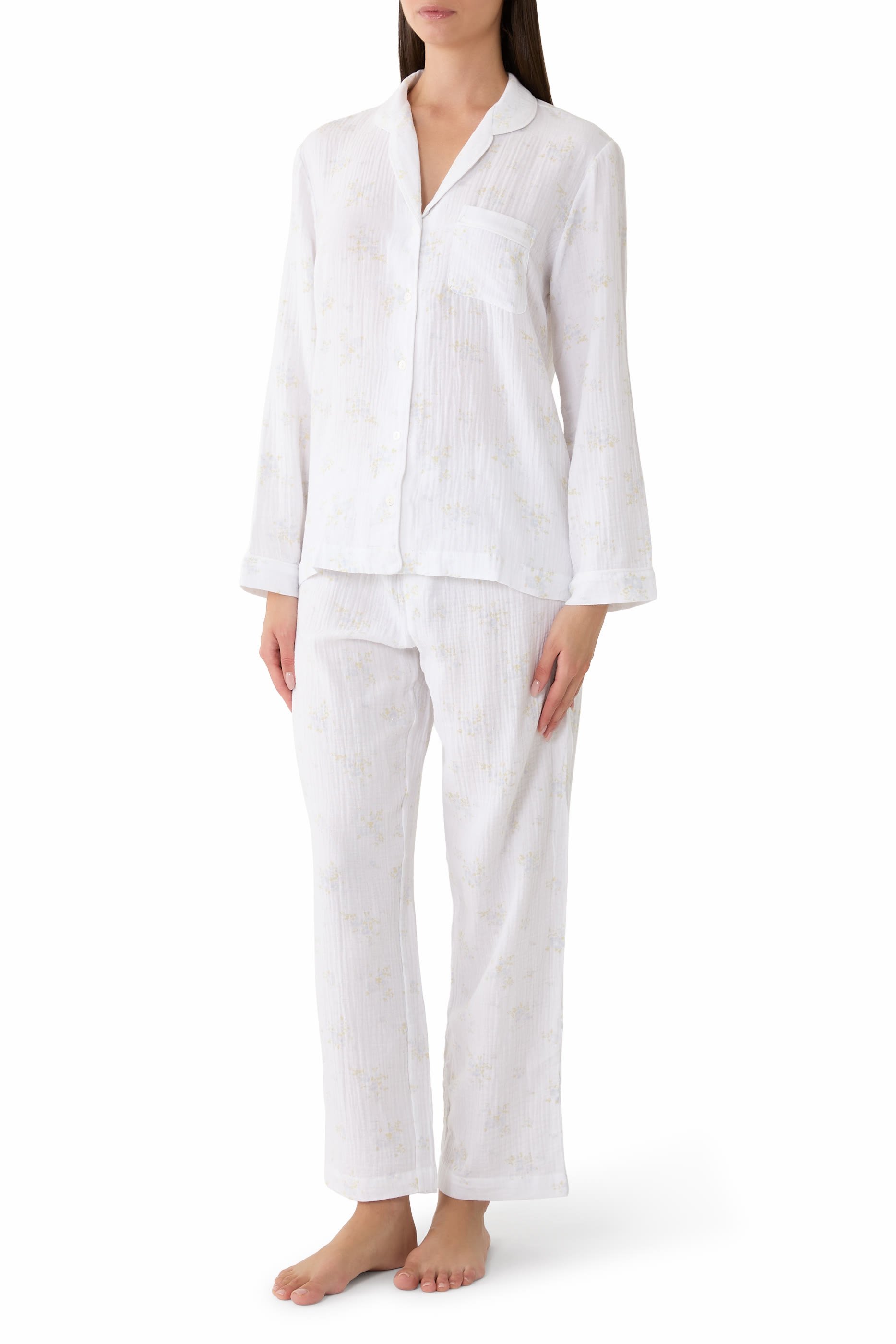 طقم بيجامة بنقشة زهور كلاسيكية باهتة قطن مزدوج