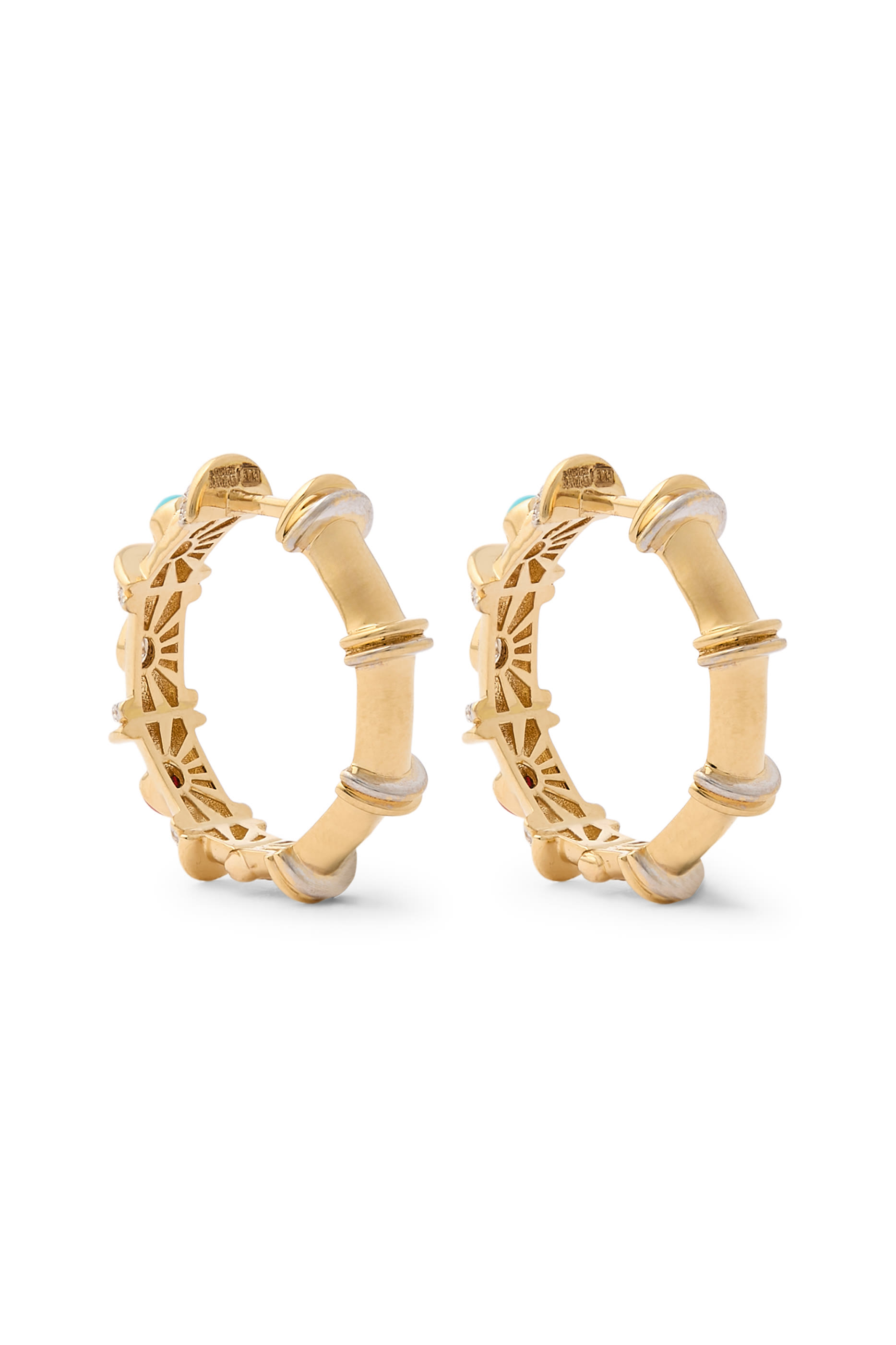 أقراط ميلكي دائرية بأحجار متنوعة، ذهب أصفر عيار 18 والماس والمرجان الأحمر والفيروز