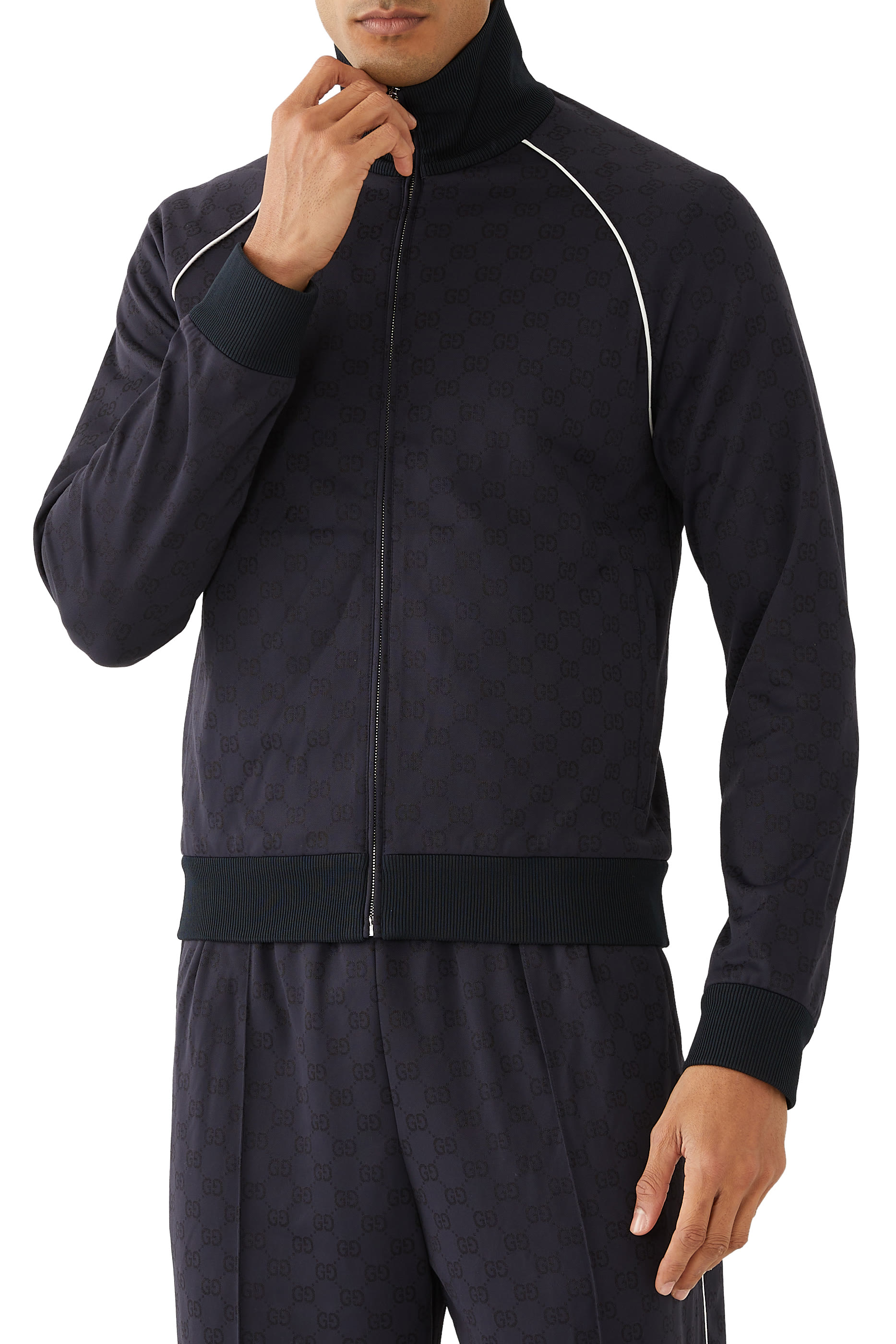 جاكيت نايلون وجيرسيه بسحاب بشعار الماركة مزدوج